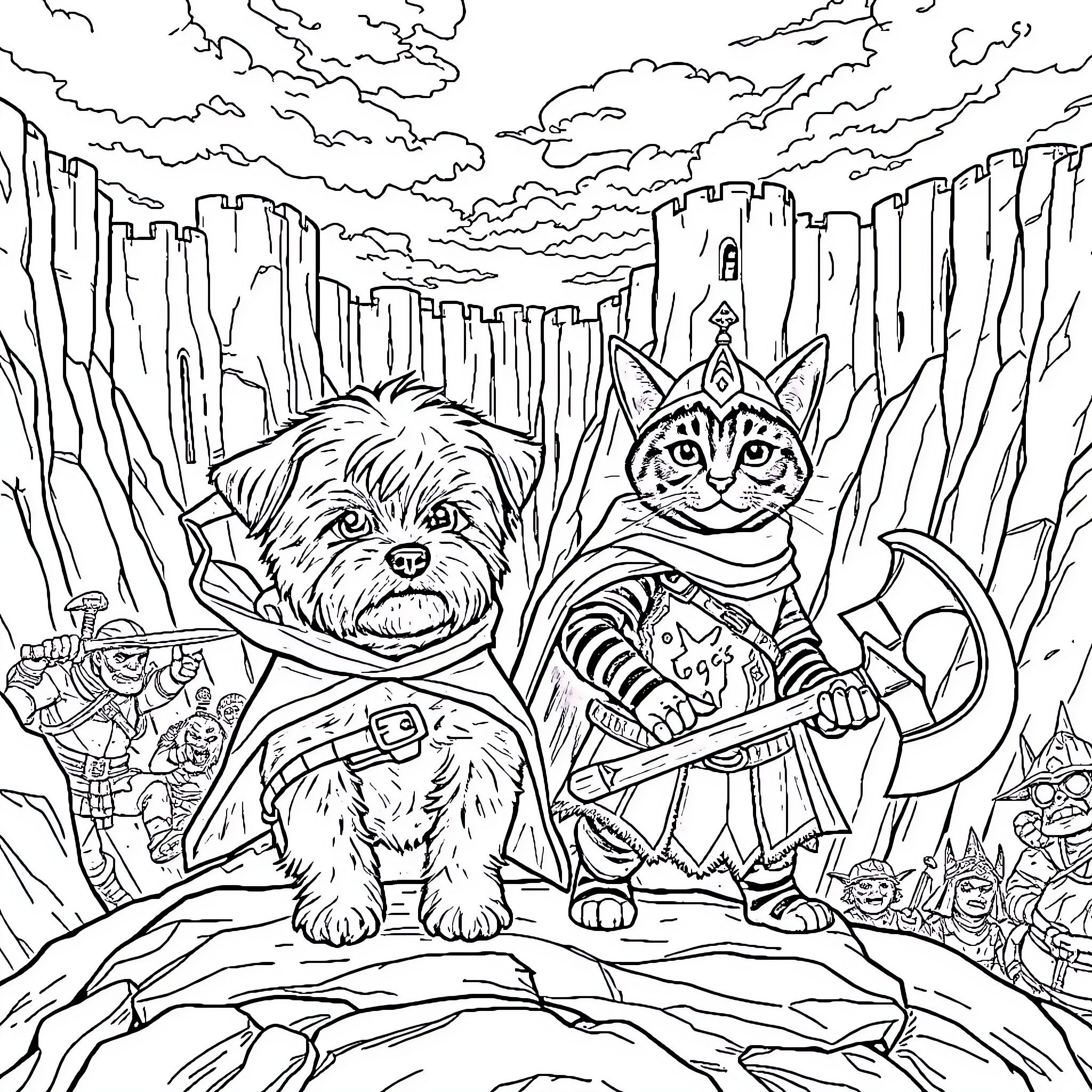 Bichon Frise and Tabby Cat in Fantasy Landscape Coloring Page (free black-and-white line drawing printable PDF for all, from beginners to advanced learners, including children, teens, adults, and seniors)