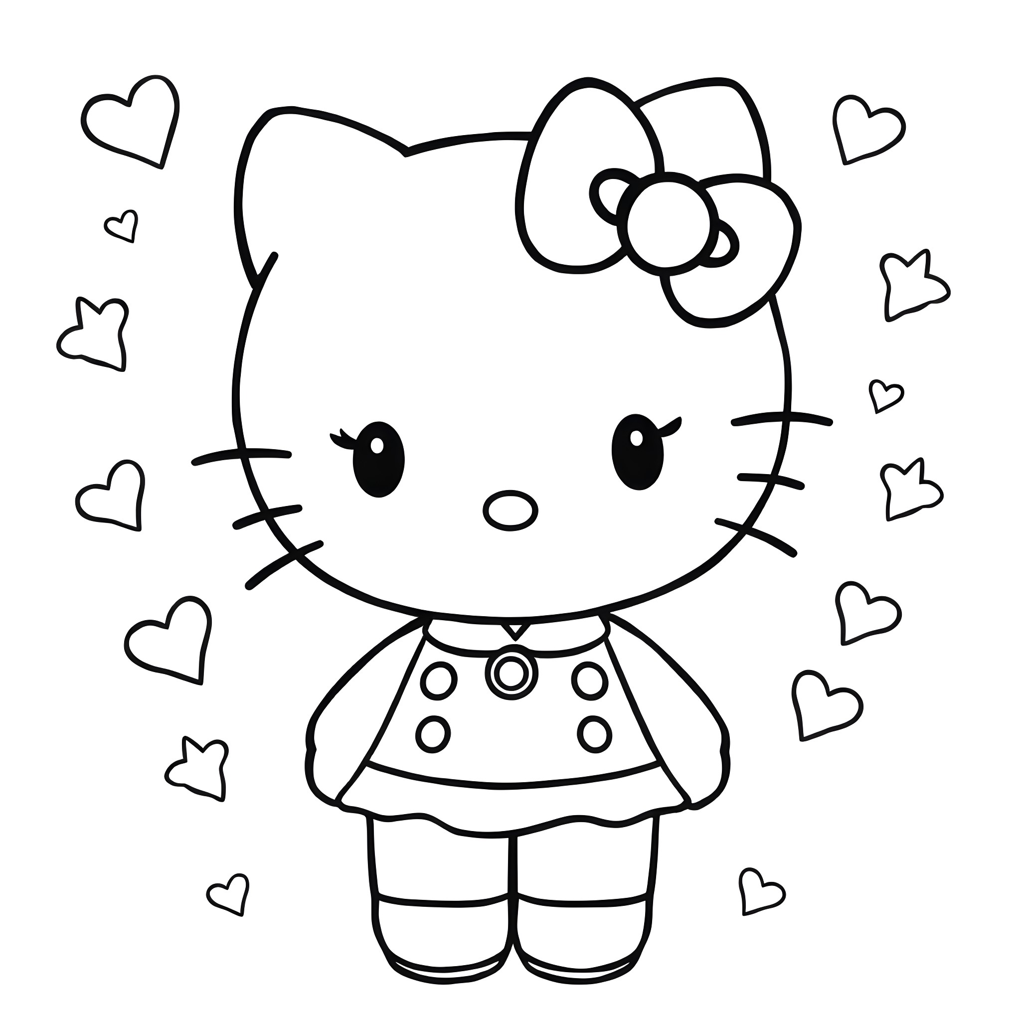 Hello Kitty in cute outfit with hearts Coloring Page (free black-and-white line drawing printable PDF for all, from beginners to advanced learners, including children, teens, adults, and seniors)