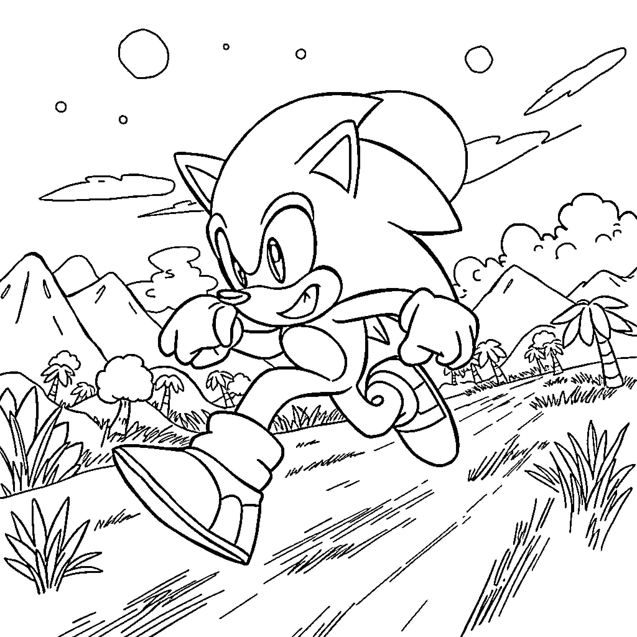 Sonic racing through a vibrant natural landscape Coloring Page (free black-and-white line drawing printable PDF for all, from beginners to advanced learners, including children, teens, adults, and seniors)