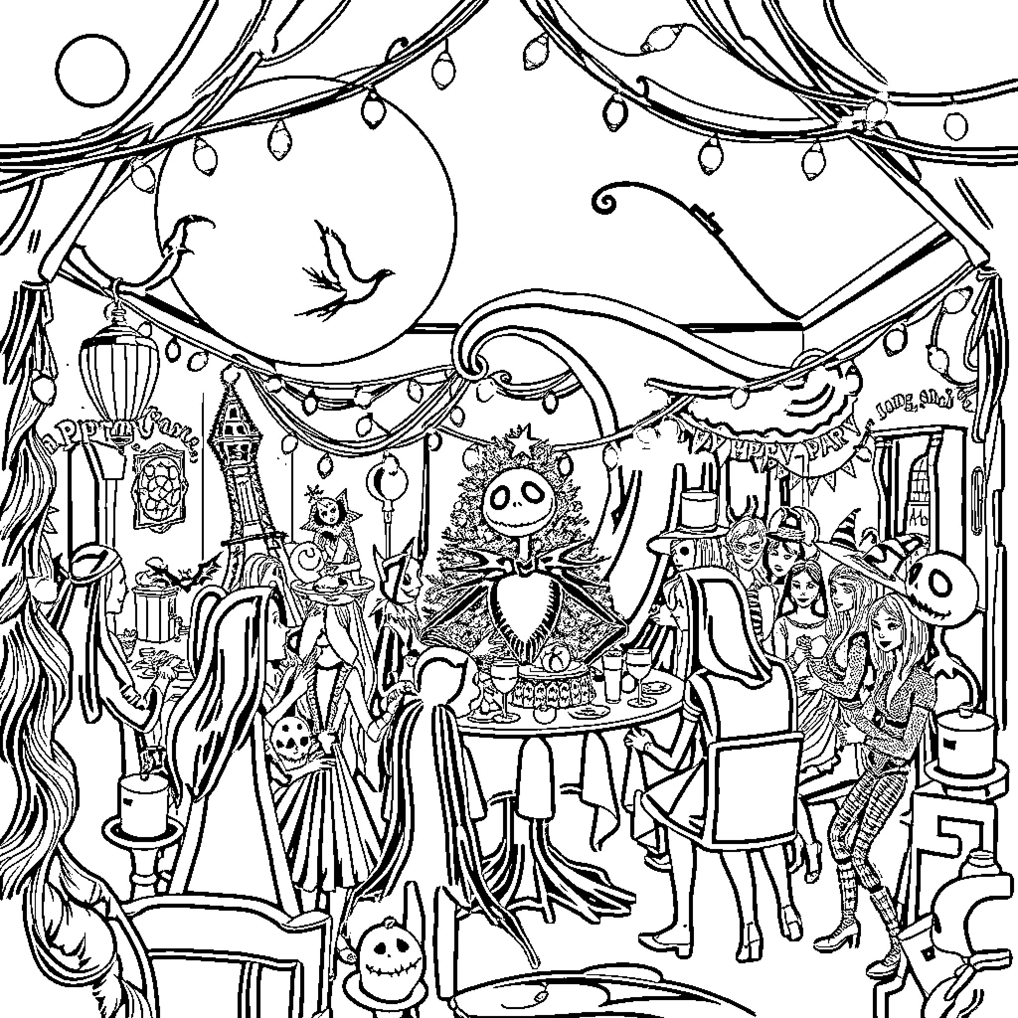Nightmare Before Christmas: Eerie Festivities and Otherworldly Characters Coloring Page (free black-and-white line drawing printable PDF for all, from beginners to advanced learners, including children, teens, adults, and seniors)