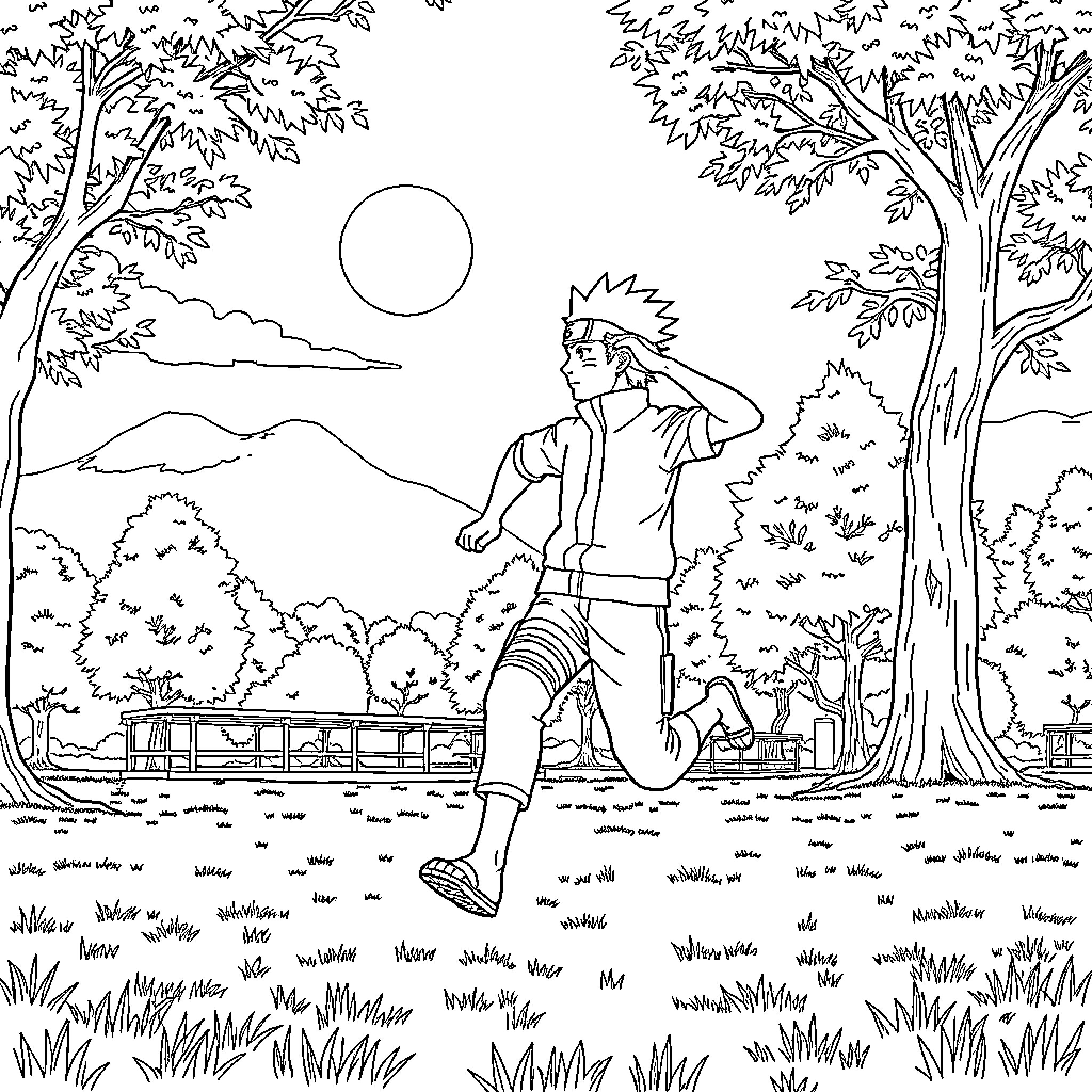 Naruto running through the forest with determination Coloring Page (free black-and-white line drawing printable PDF for all, from beginners to advanced learners, including children, teens, adults, and seniors)