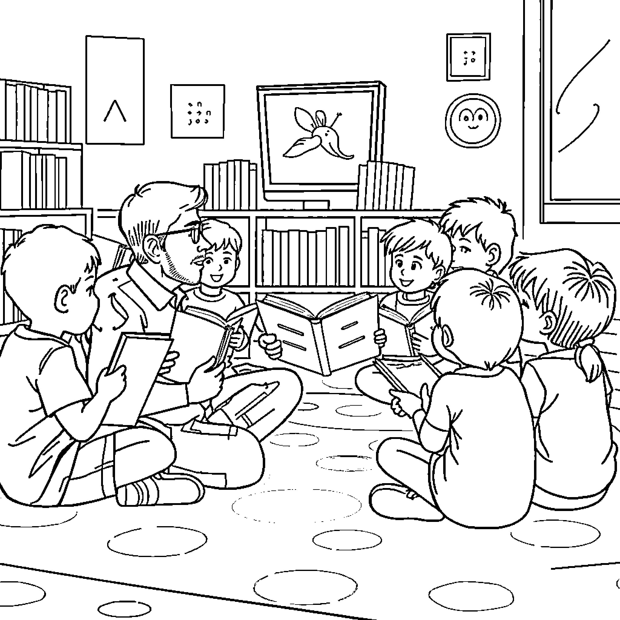 Man reading with children in a classroom setting Coloring Page (free black-and-white line drawing printable PDF for all, from beginners to advanced learners, including children, teens, adults, and seniors)