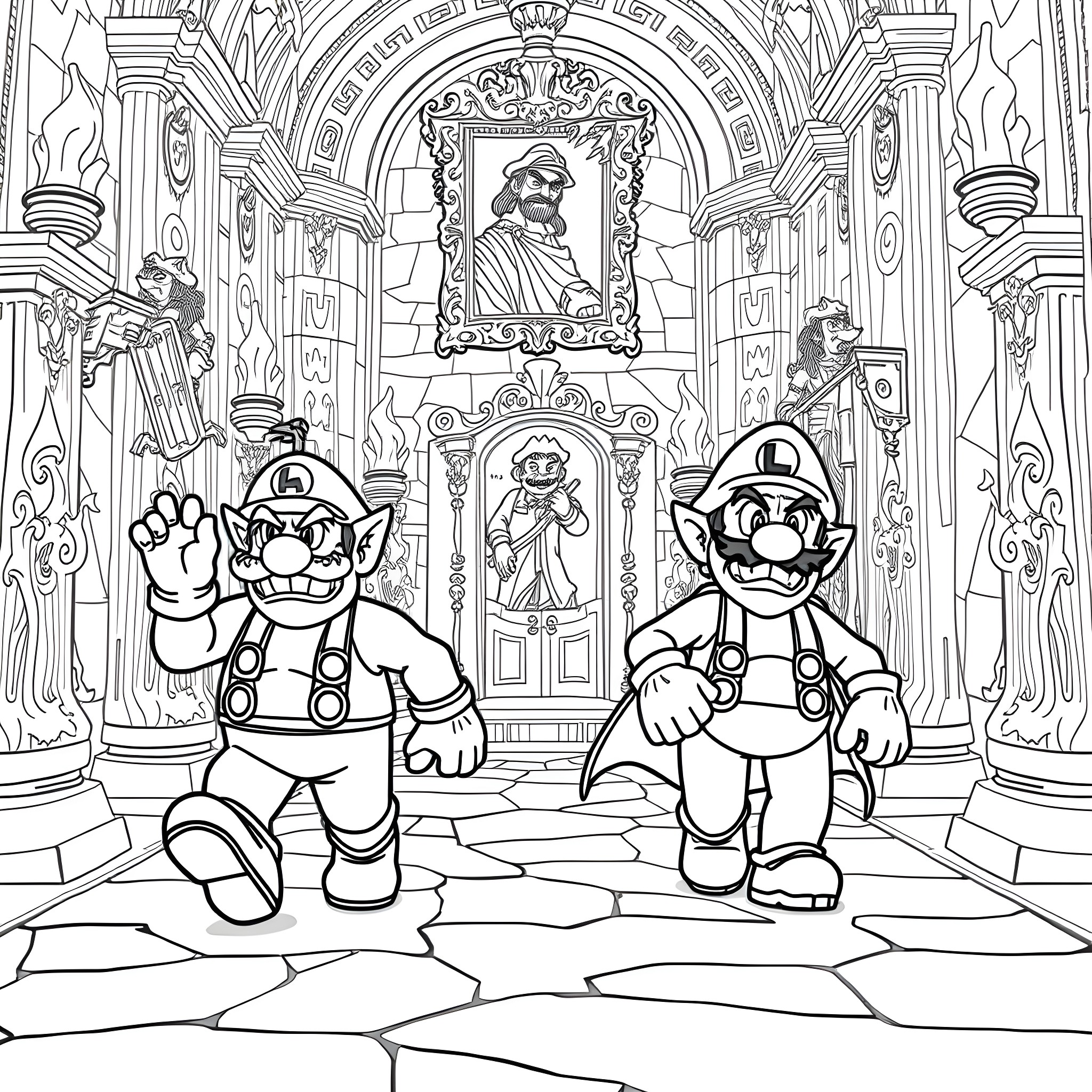 Wario and Mario exploring an ornate, antique-style hall Coloring Page (free black-and-white line drawing printable PDF for all, from beginners to advanced learners, including children, teens, adults, and seniors)