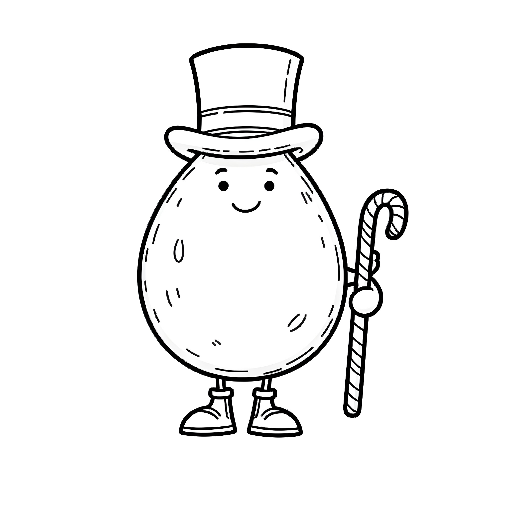 Potato character in top hat holding candy cane Coloring Page (free black-and-white line drawing printable PDF for all, from beginners to advanced learners, including children, teens, adults, and seniors)