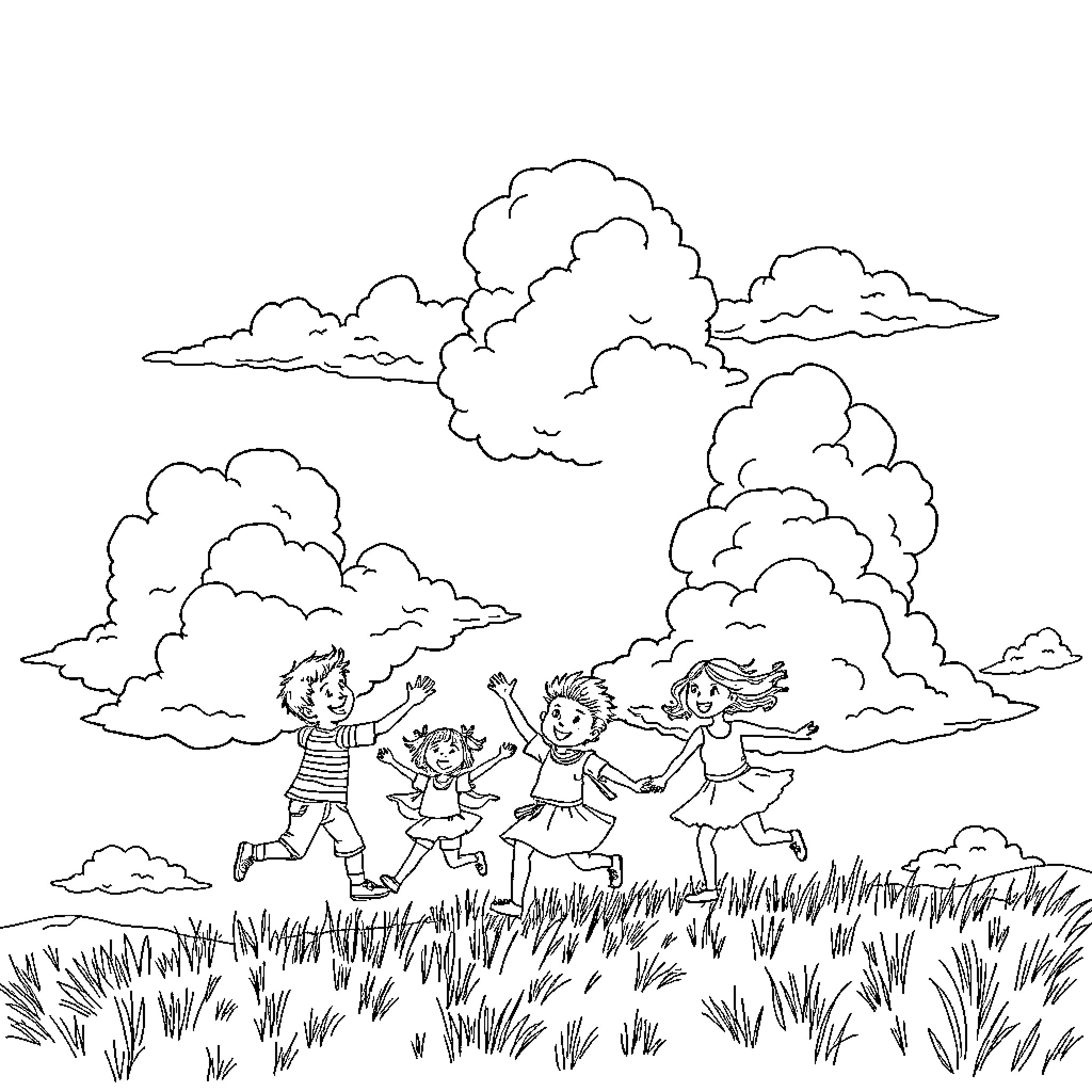Child playing happily in grassy field with friends Coloring Page (free black-and-white line drawing printable PDF for all, from beginners to advanced learners, including children, teens, adults, and seniors)