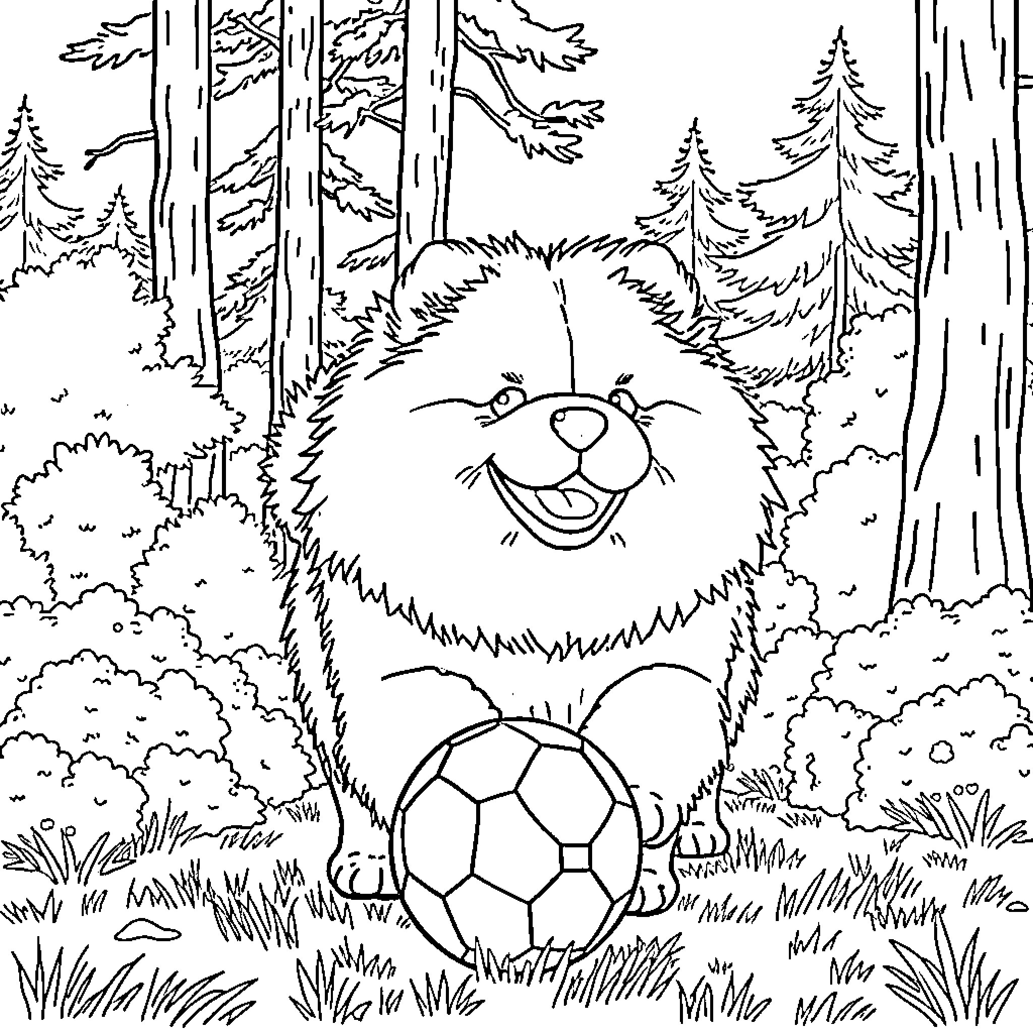 Chow Chow playing with soccer ball in forest Coloring Page (free black-and-white line drawing printable PDF for all, from beginners to advanced learners, including children, teens, adults, and seniors)