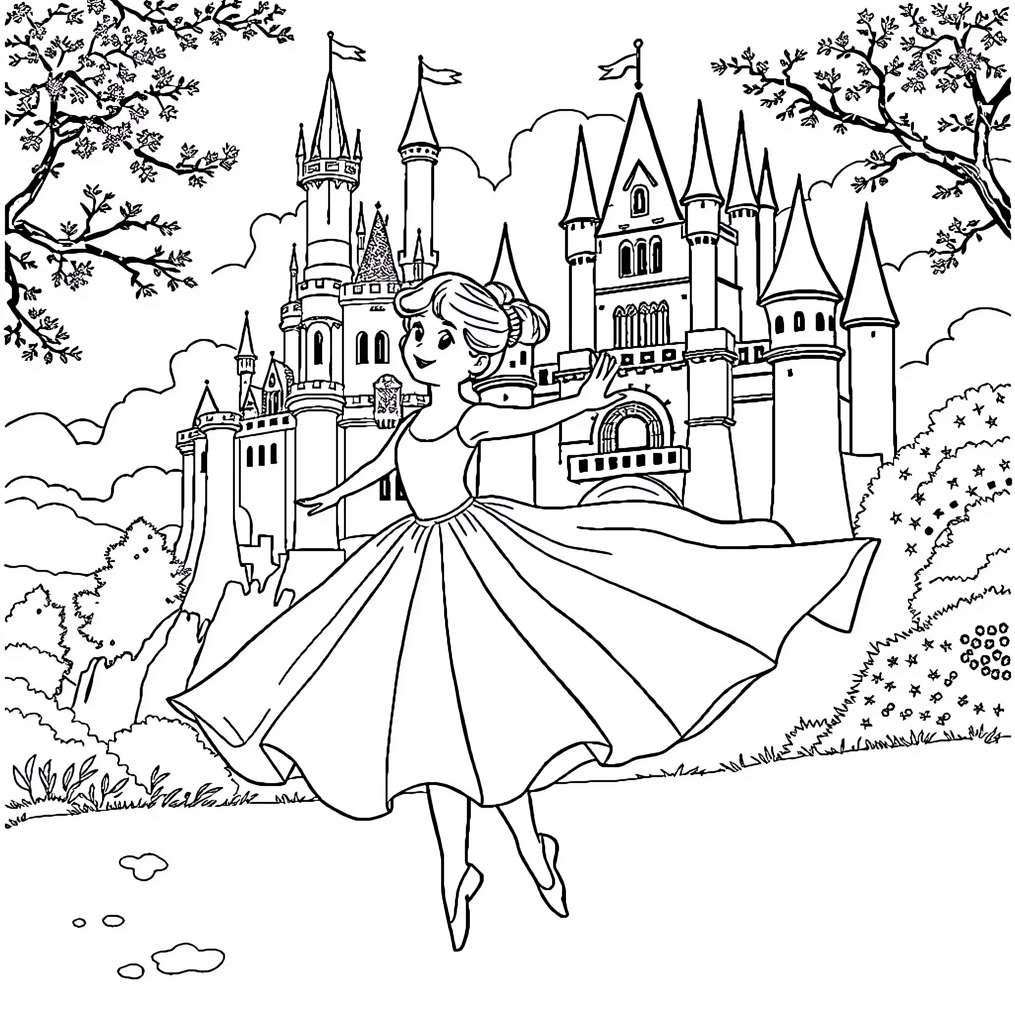 Girl dancing in front of a fairy tale castle Coloring Page (free black-and-white line drawing printable PDF for all, from beginners to advanced learners, including children, teens, adults, and seniors)