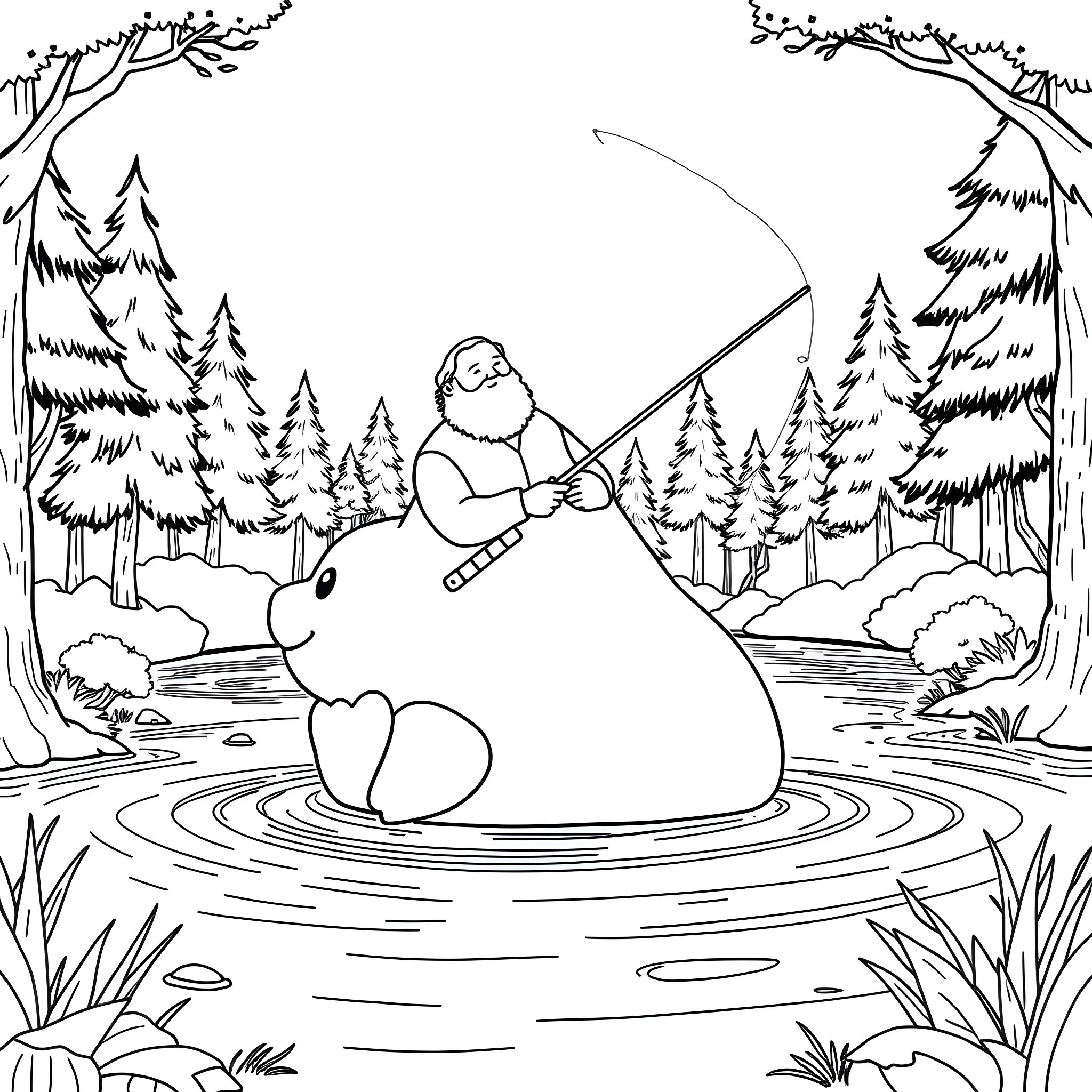 Snorlax fishing peacefully in the forest Coloring Page (free black-and-white line drawing printable PDF for all, from beginners to advanced learners, including children, teens, adults, and seniors)