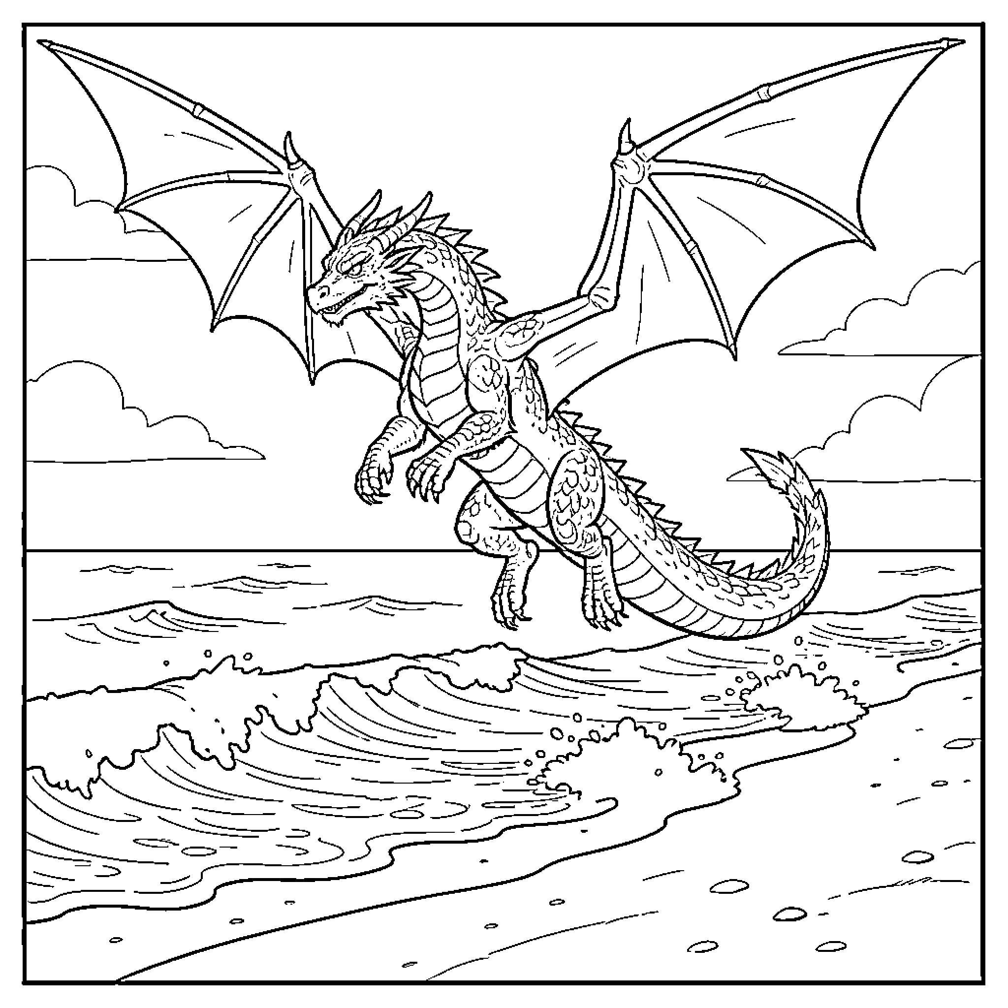 Dragon soaring above the stormy sea Coloring Page (free black-and-white line drawing printable PDF for all, from beginners to advanced learners, including children, teens, adults, and seniors)