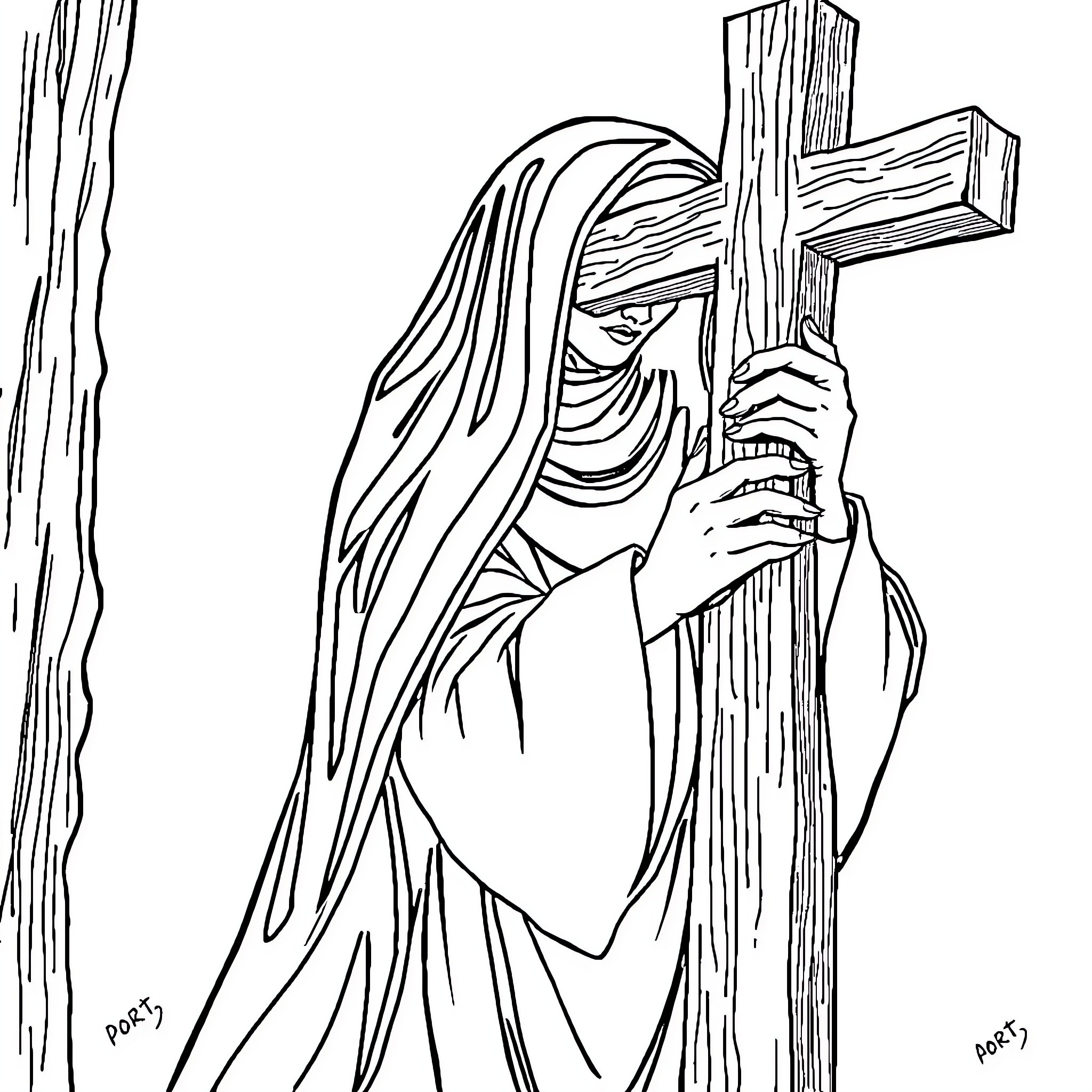 Nun holding a cross in a somber scene Coloring Page (free black-and-white line drawing printable PDF for all, from beginners to advanced learners, including children, teens, adults, and seniors)