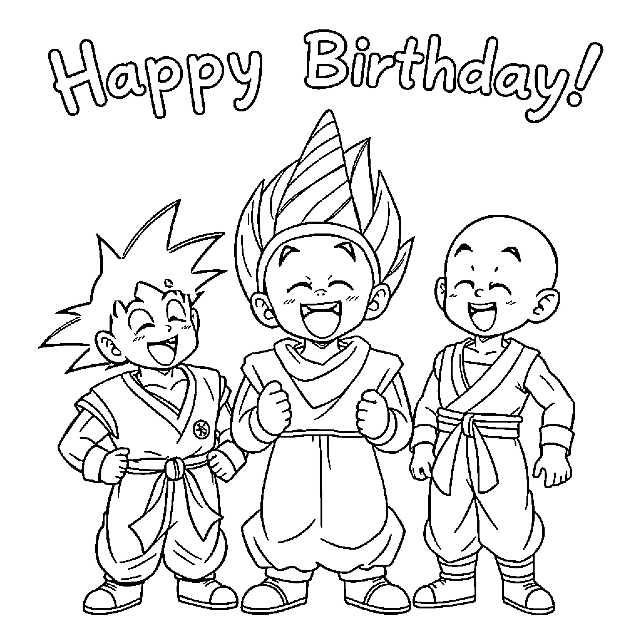 Goku and friends celebrate a happy birthday Coloring Page (free black-and-white line drawing printable PDF for all, from beginners to advanced learners, including children, teens, adults, and seniors)