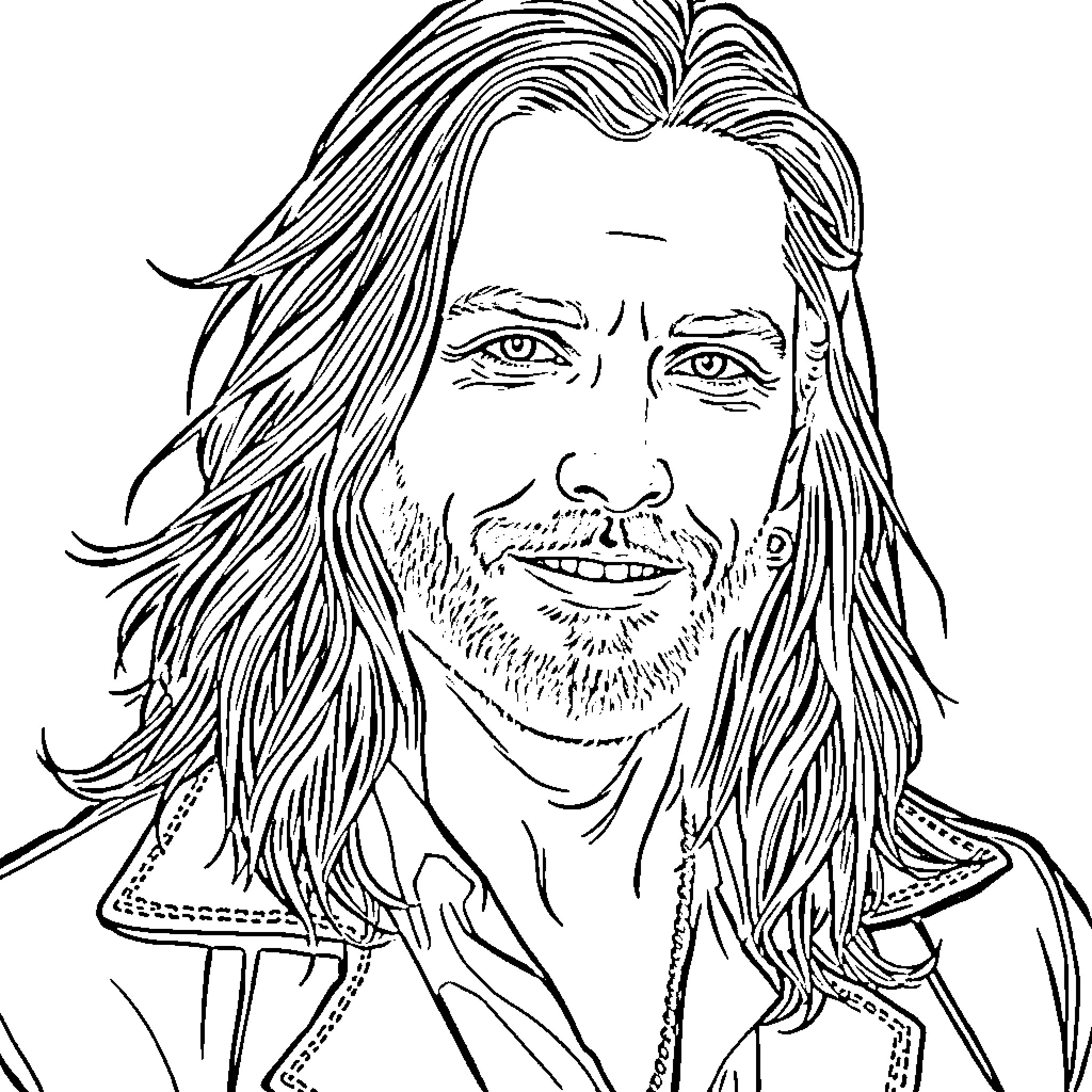 Jared Leto portrayed in detailed line art Coloring Page (free black-and-white line drawing printable PDF for all, from beginners to advanced learners, including children, teens, adults, and seniors)