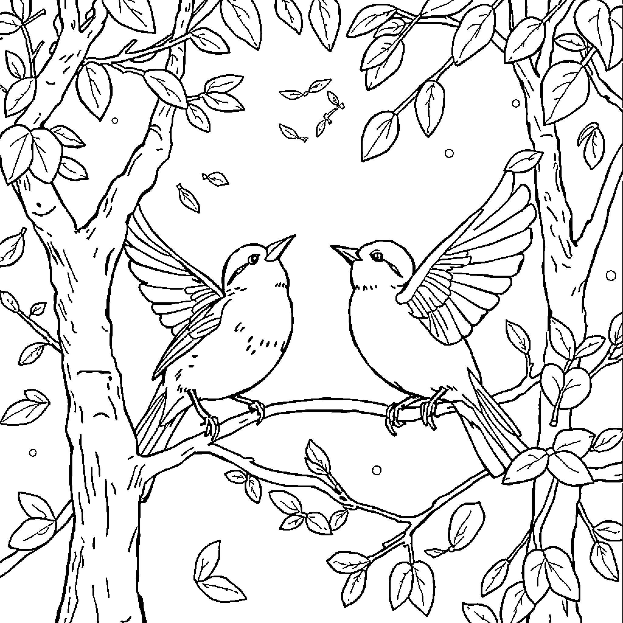 Bird couple perched on a tree branch Coloring Page (free black-and-white line drawing printable PDF for all, from beginners to advanced learners, including children, teens, adults, and seniors)