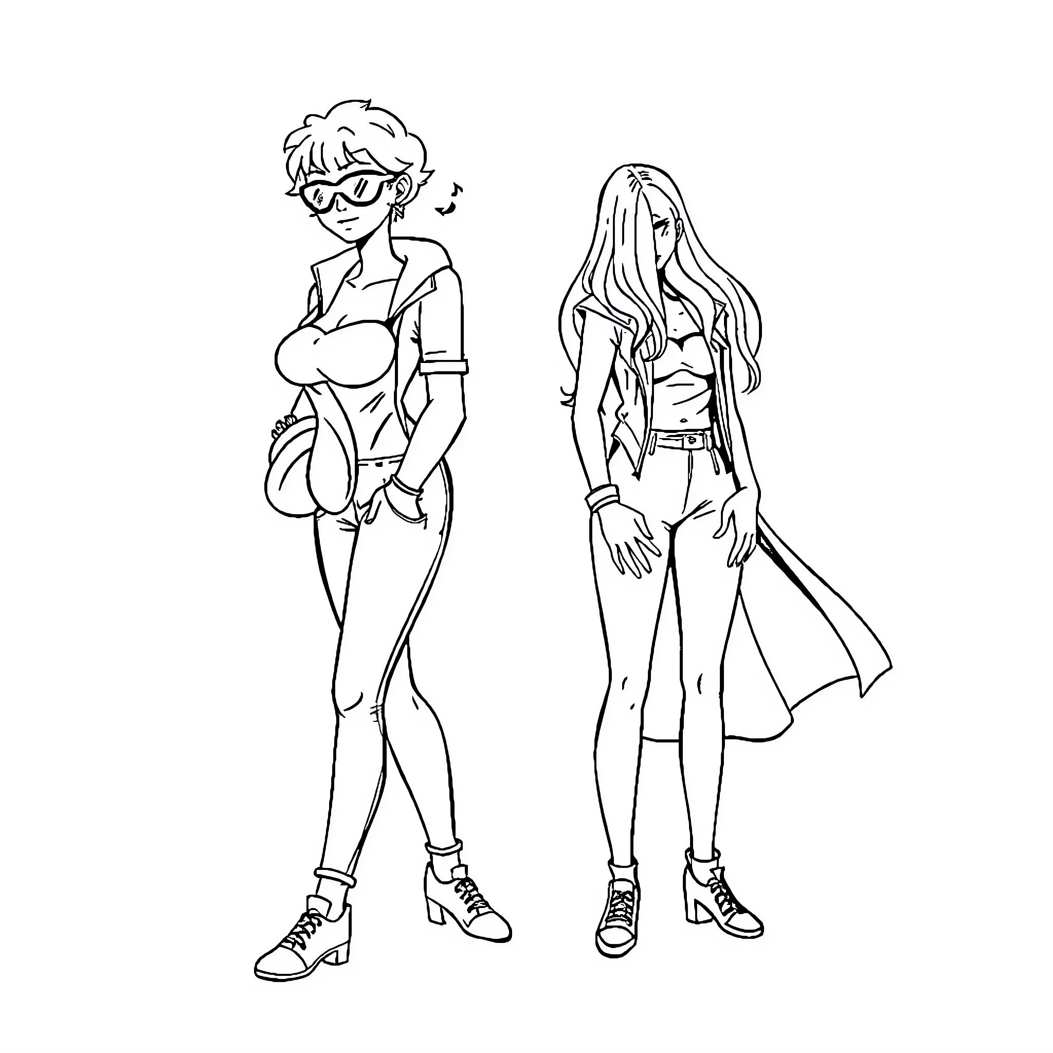 Persona of Stylish Characters in Casual Poses Coloring Page (free black-and-white line drawing printable PDF for all, from beginners to advanced learners, including children, teens, adults, and seniors)
