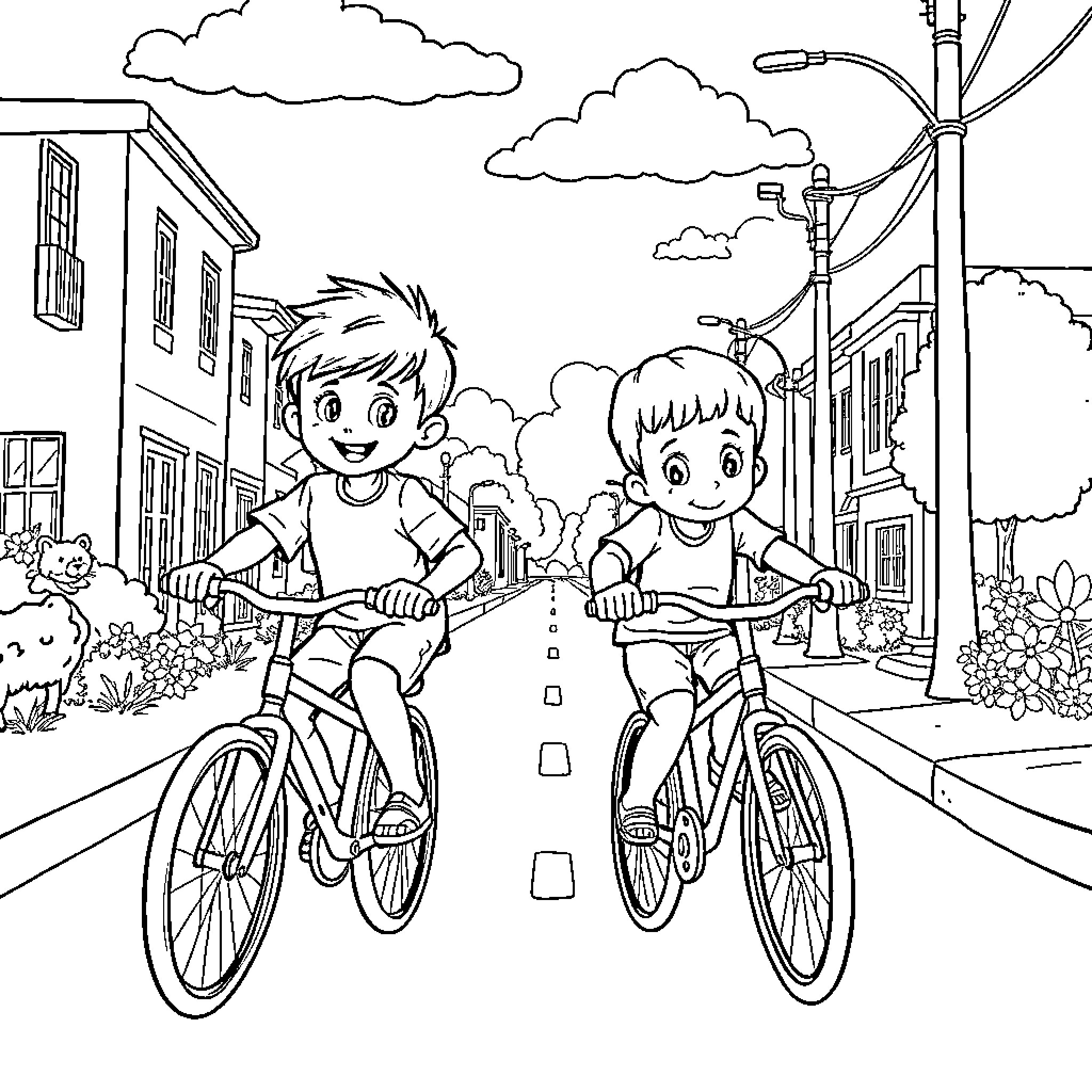 Boys Riding Bicycles on Street Coloring Page (free black-and-white line drawing printable PDF for all, from beginners to advanced learners, including children, teens, adults, and seniors)