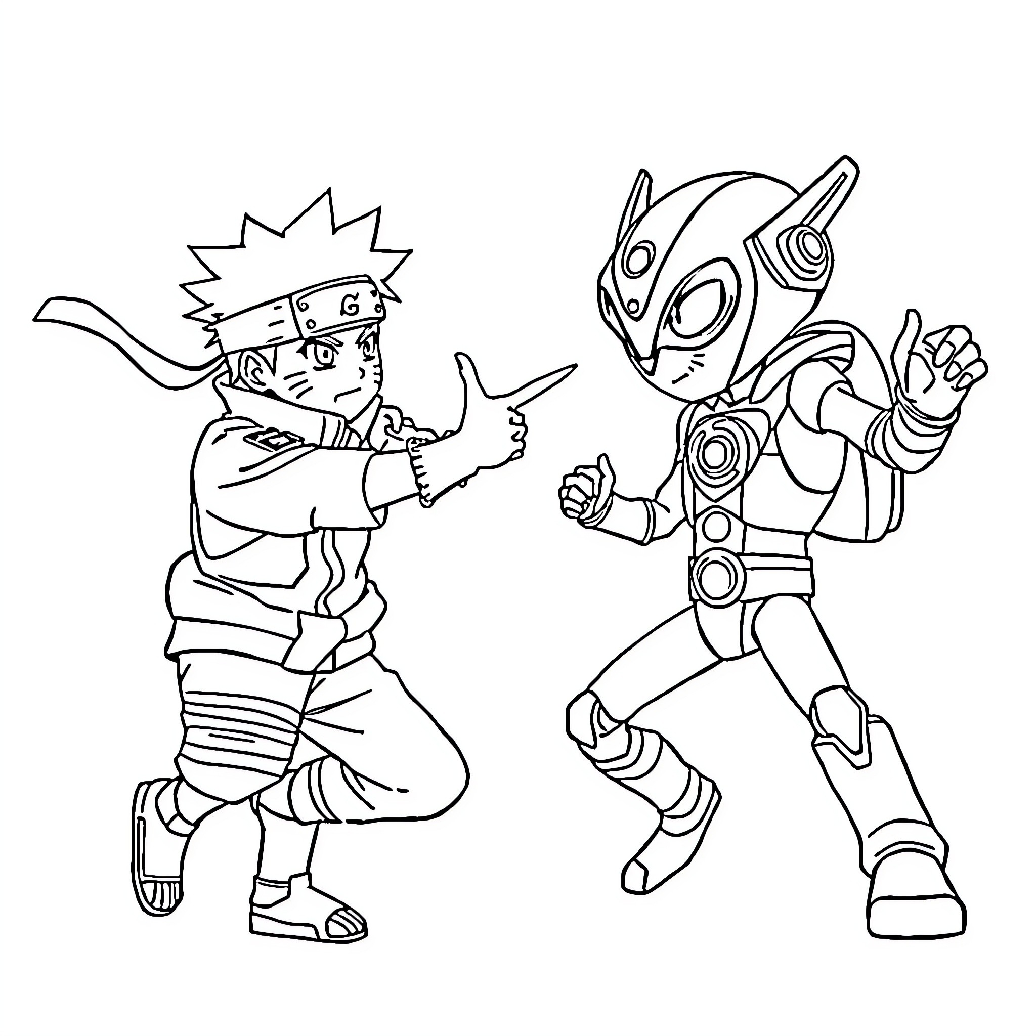 Naruto and Robot Friend in Friendly Battle Coloring Page (free black-and-white line drawing printable PDF for all, from beginners to advanced learners, including children, teens, adults, and seniors)