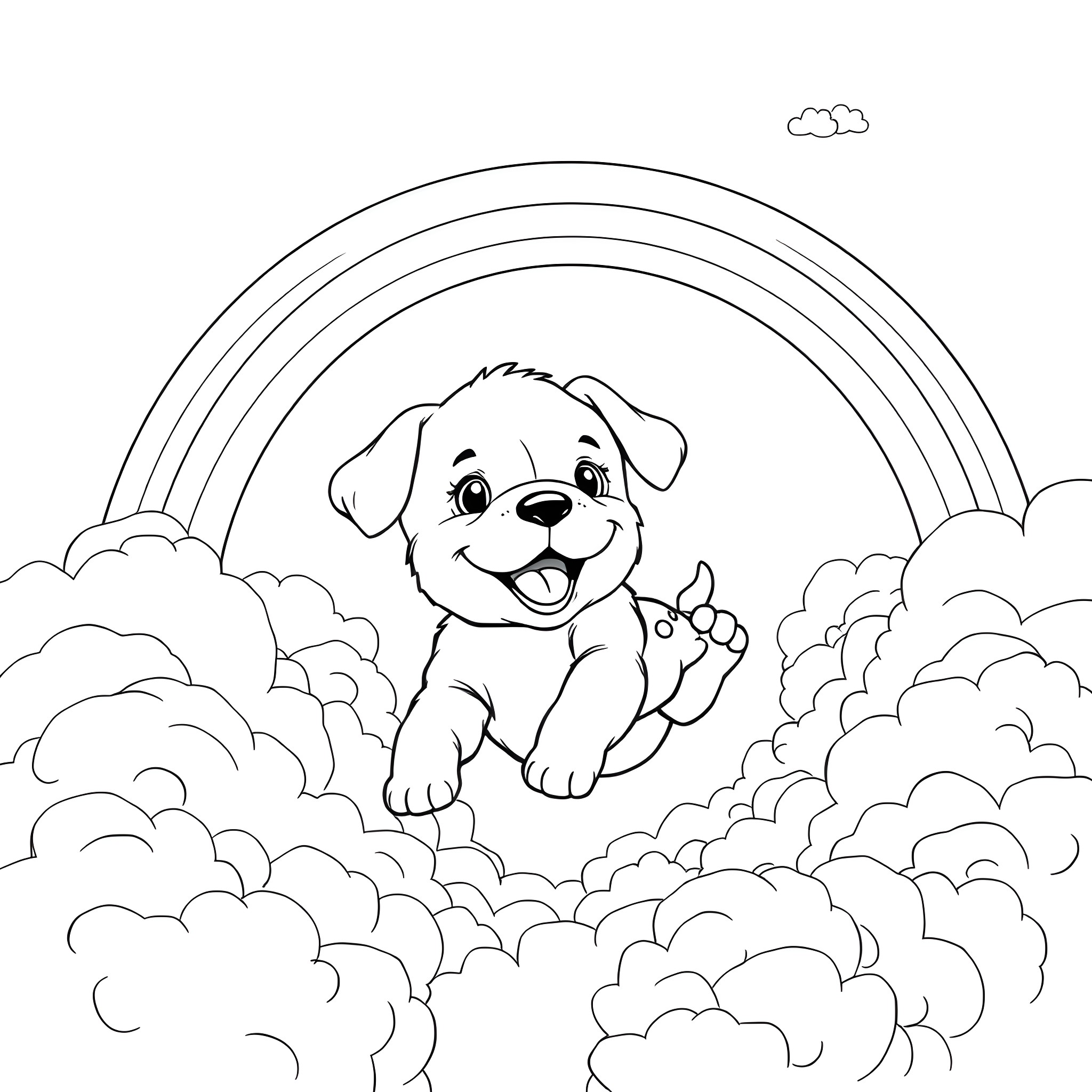 Puppy playing among the clouds and rainbows Coloring Page (free black-and-white line drawing printable PDF for all, from beginners to advanced learners, including children, teens, adults, and seniors)
