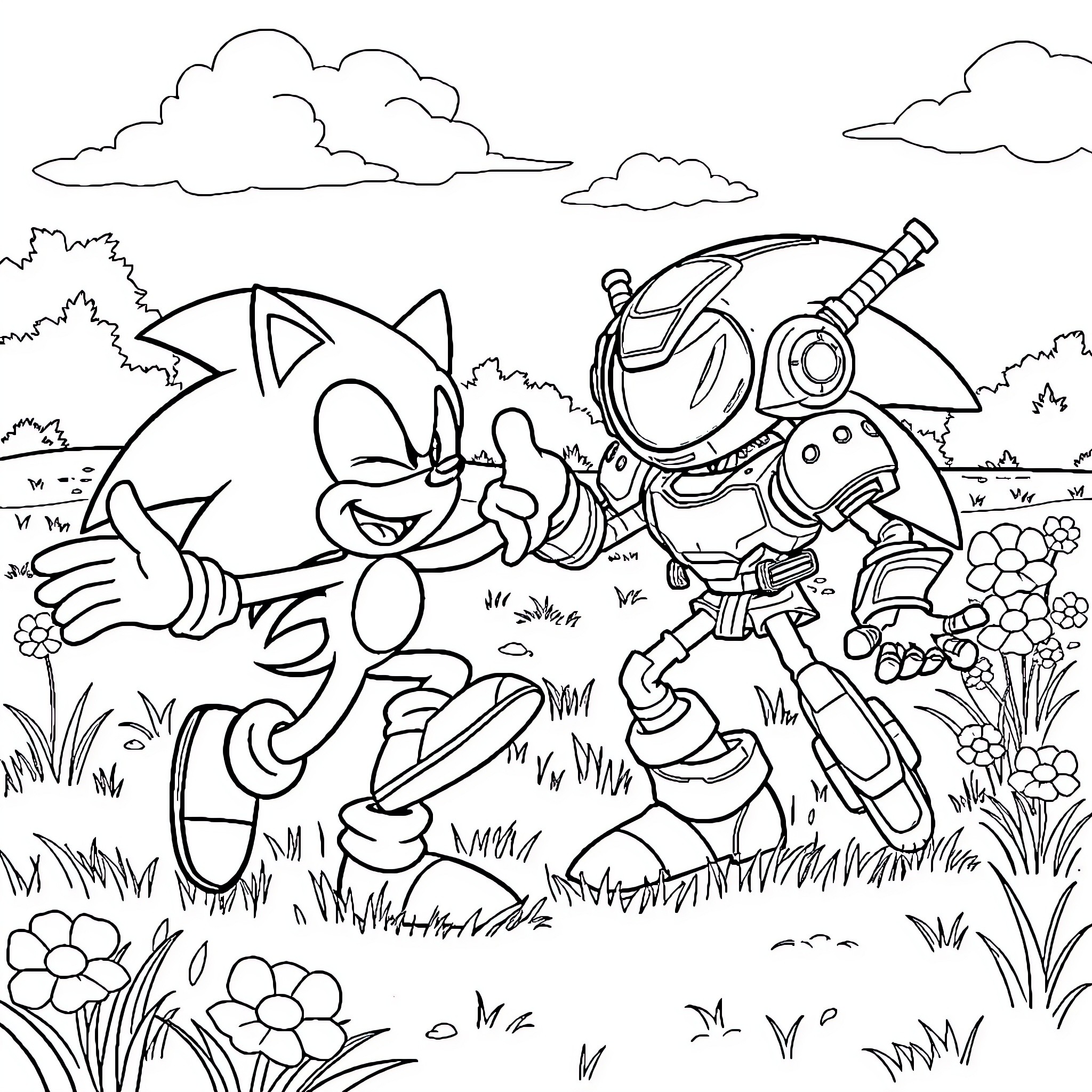 Sonic Chasing a Robotic Companion in the Outdoors Coloring Page (free black-and-white line drawing printable PDF for all, from beginners to advanced learners, including children, teens, adults, and seniors)