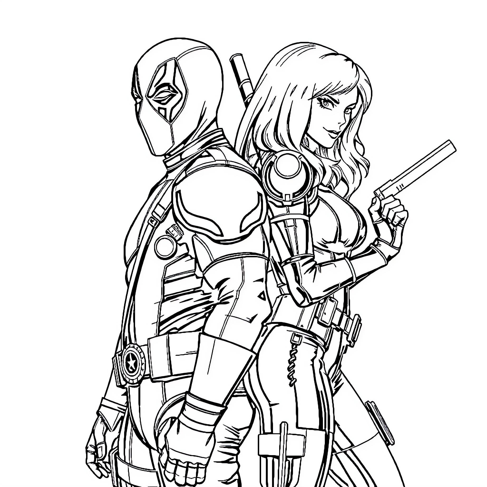 Deadpool and female mercenary in action poses Coloring Page (free black-and-white line drawing printable PDF for all, from beginners to advanced learners, including children, teens, adults, and seniors)