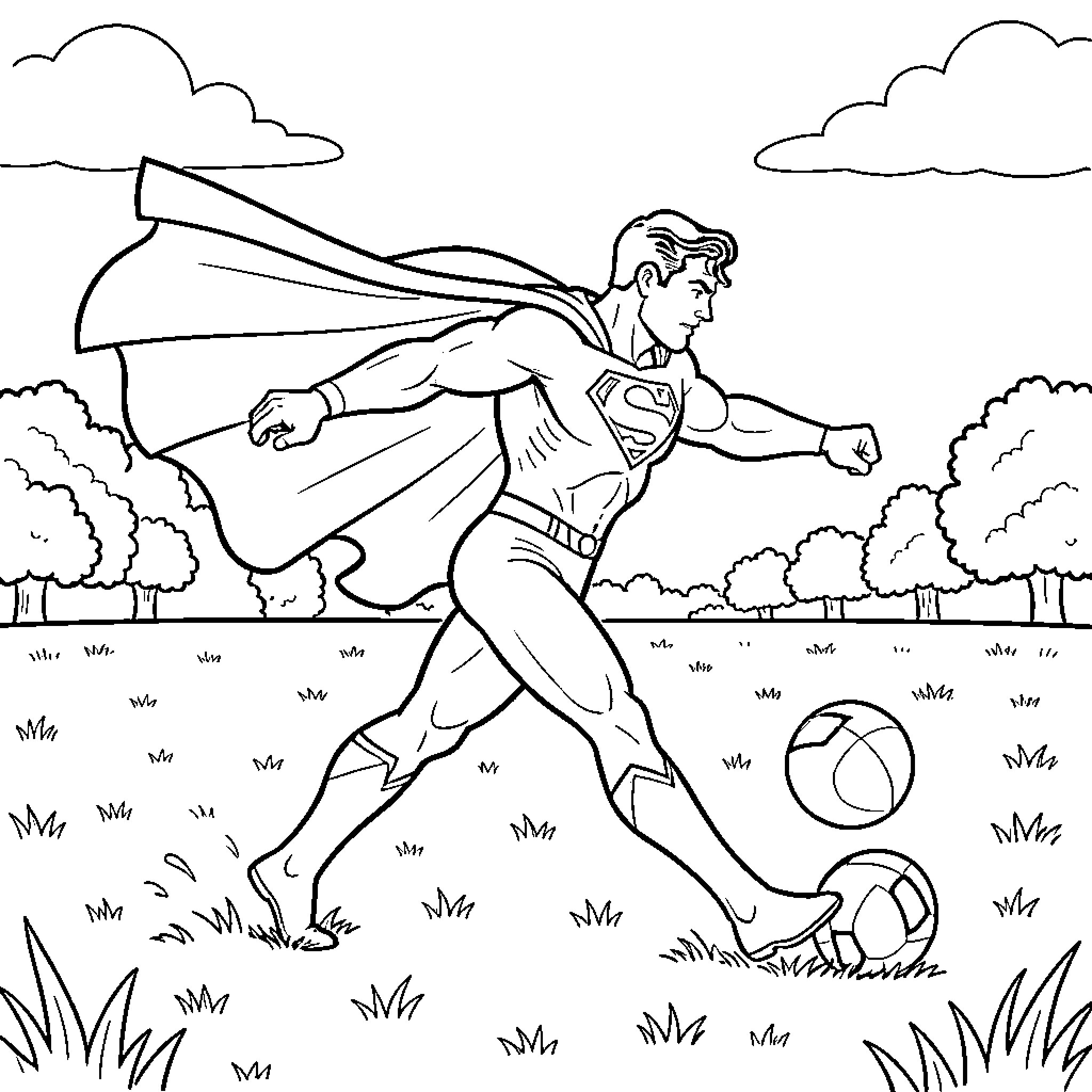 Superman playing soccer in a grassy field Coloring Page (free black-and-white line drawing printable PDF for all, from beginners to advanced learners, including children, teens, adults, and seniors)