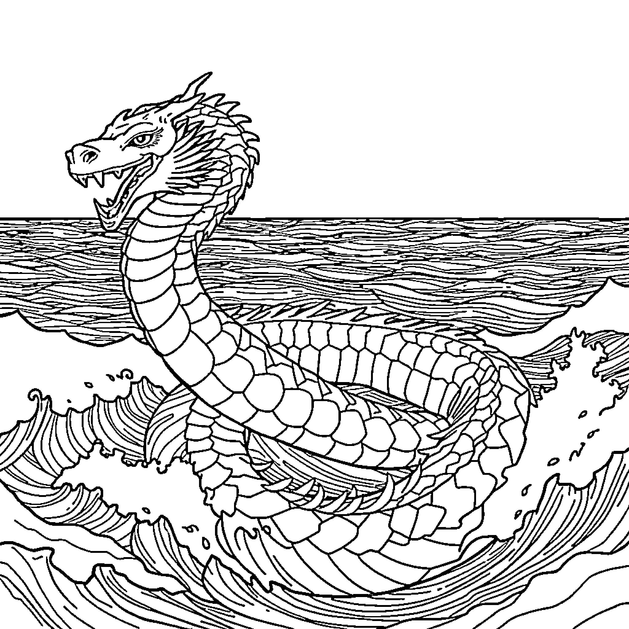 Jormungandr, the World Serpent, coiled in the sea Coloring Page (free black-and-white line drawing printable PDF for all, from beginners to advanced learners, including children, teens, adults, and seniors)