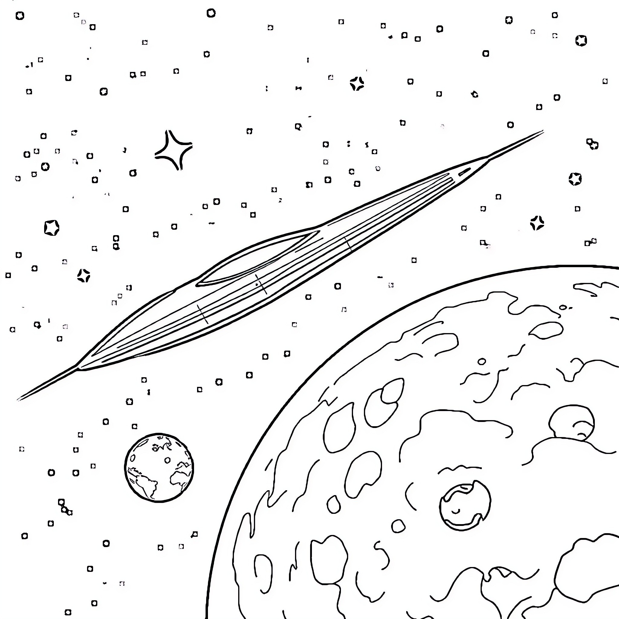 Chandrila Star Line soaring through cosmic landscape Coloring Page (free black-and-white line drawing printable PDF for all, from beginners to advanced learners, including children, teens, adults, and seniors)