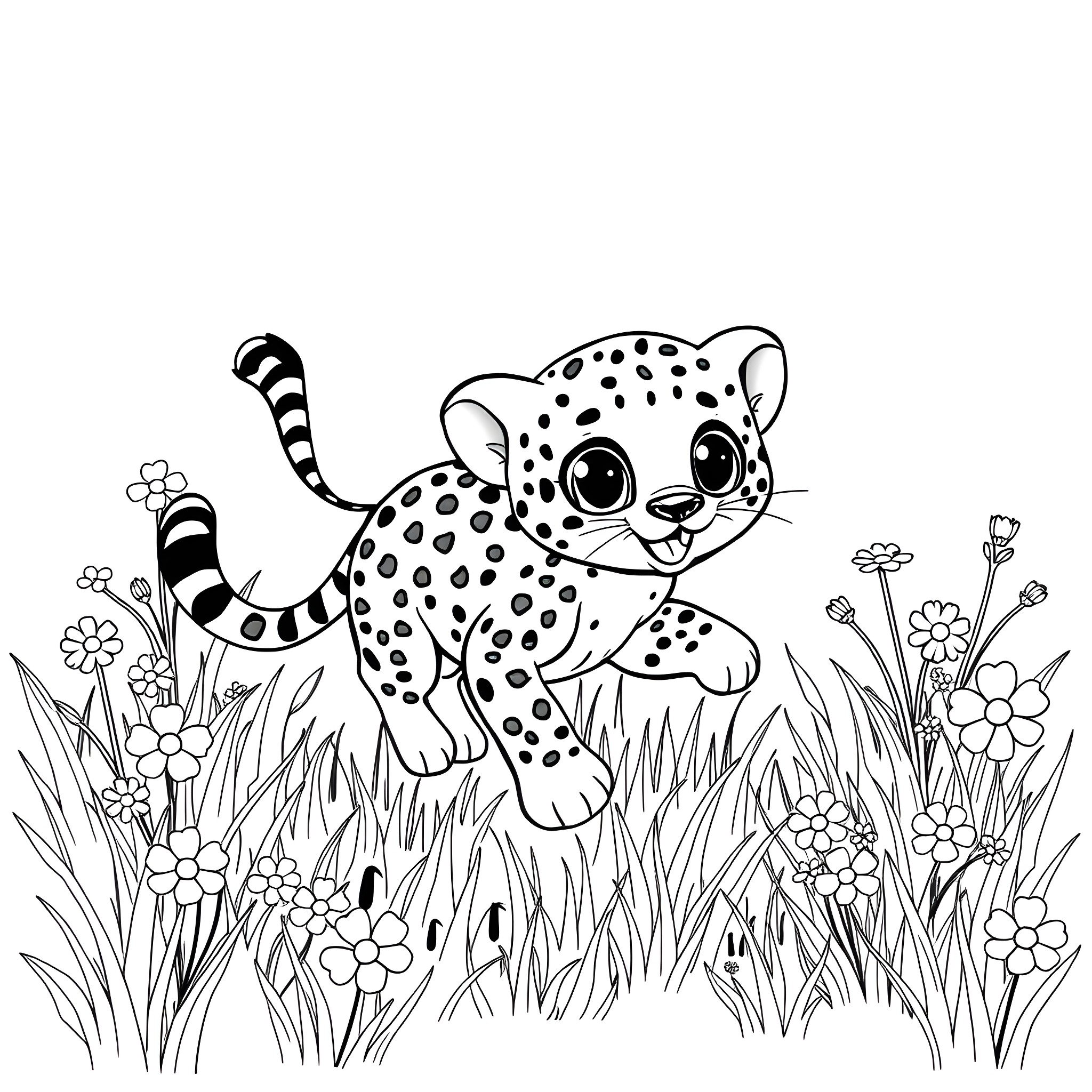 Cheetah cub exploring the flowery meadow Coloring Page (free black-and-white line drawing printable PDF for all, from beginners to advanced learners, including children, teens, adults, and seniors)