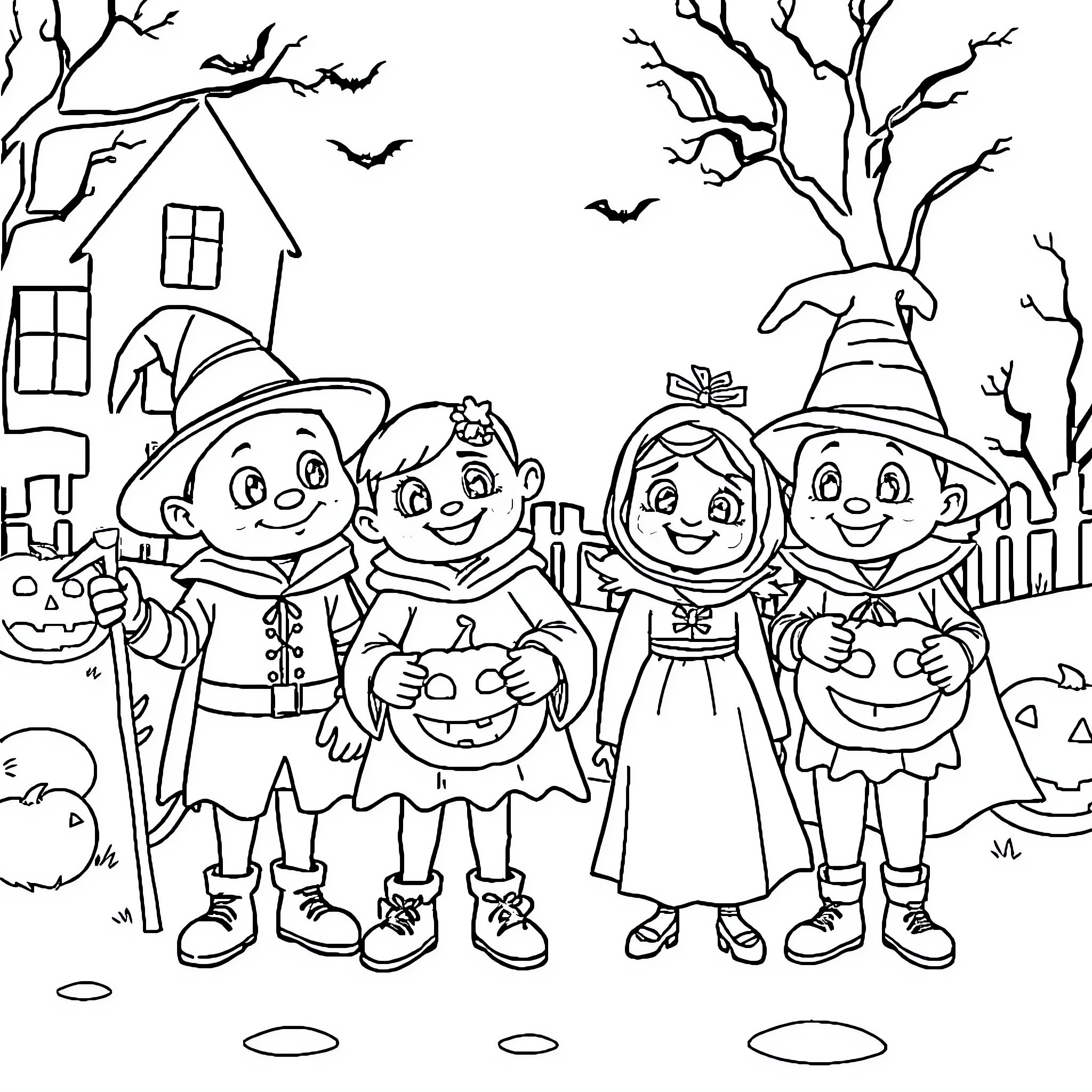Bluey's Halloween Celebration with Friends Coloring Page (free black-and-white line drawing printable PDF for all, from beginners to advanced learners, including children, teens, adults, and seniors)