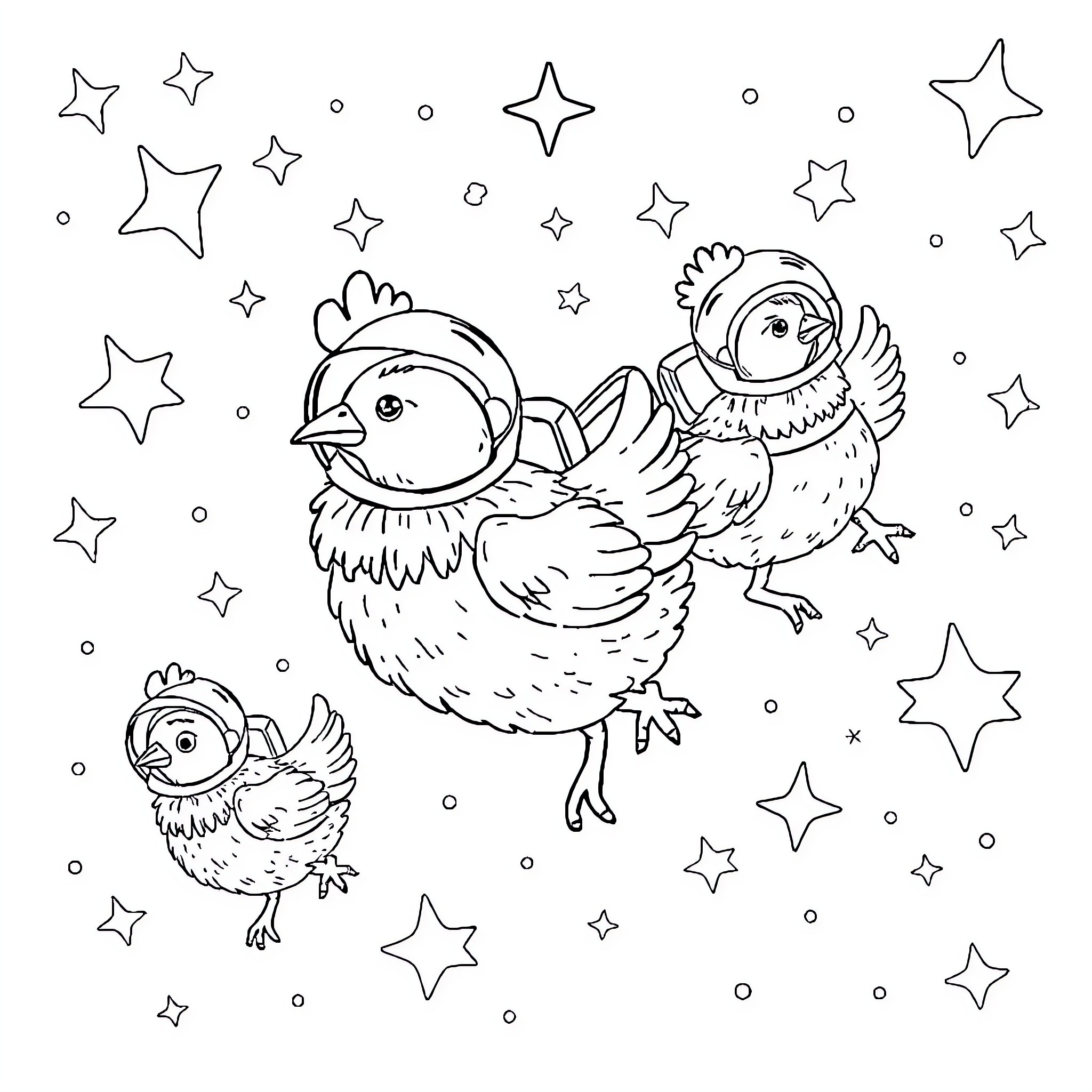 Chickens dancing among the stars Coloring Page (free black-and-white line drawing printable PDF for all, from beginners to advanced learners, including children, teens, adults, and seniors)