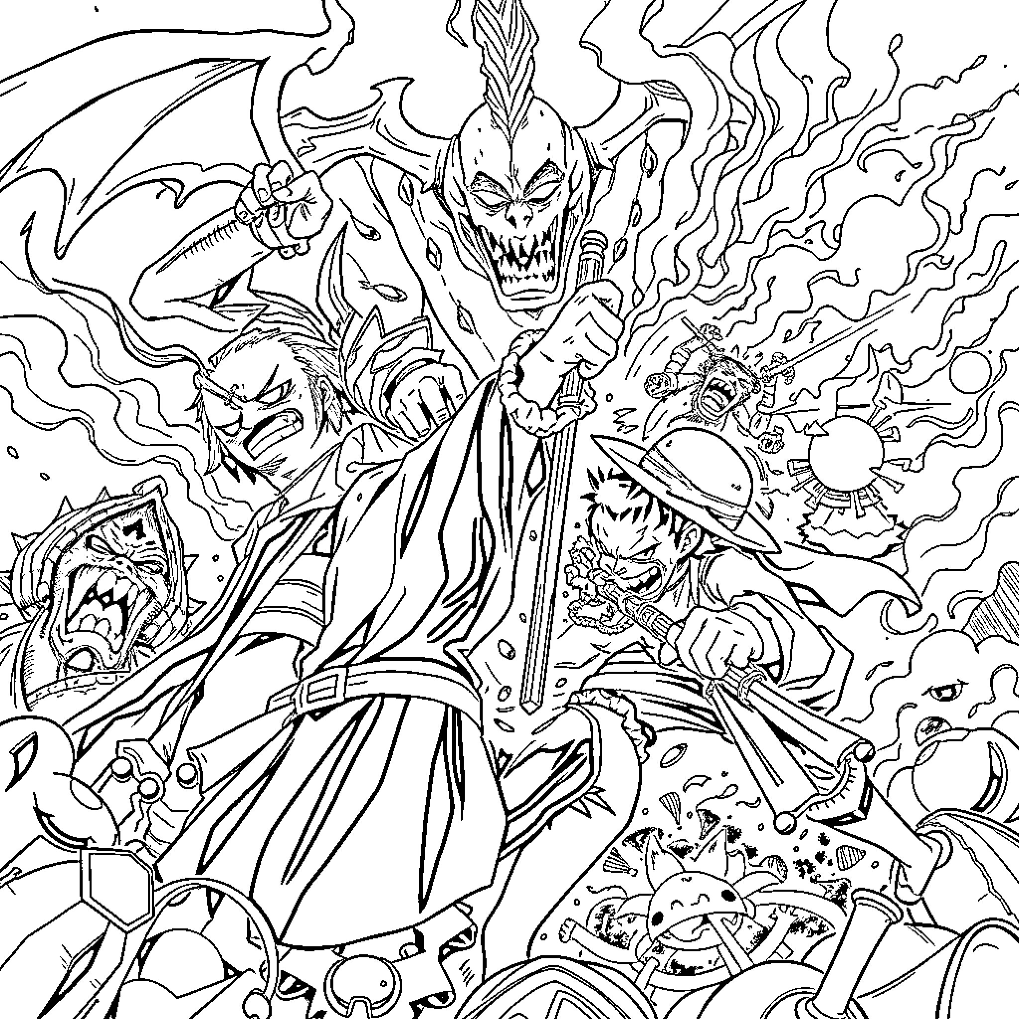 Demon Slayer Protagonist Battling Supernatural Foes Coloring Page (free black-and-white line drawing printable PDF for all, from beginners to advanced learners, including children, teens, adults, and seniors)