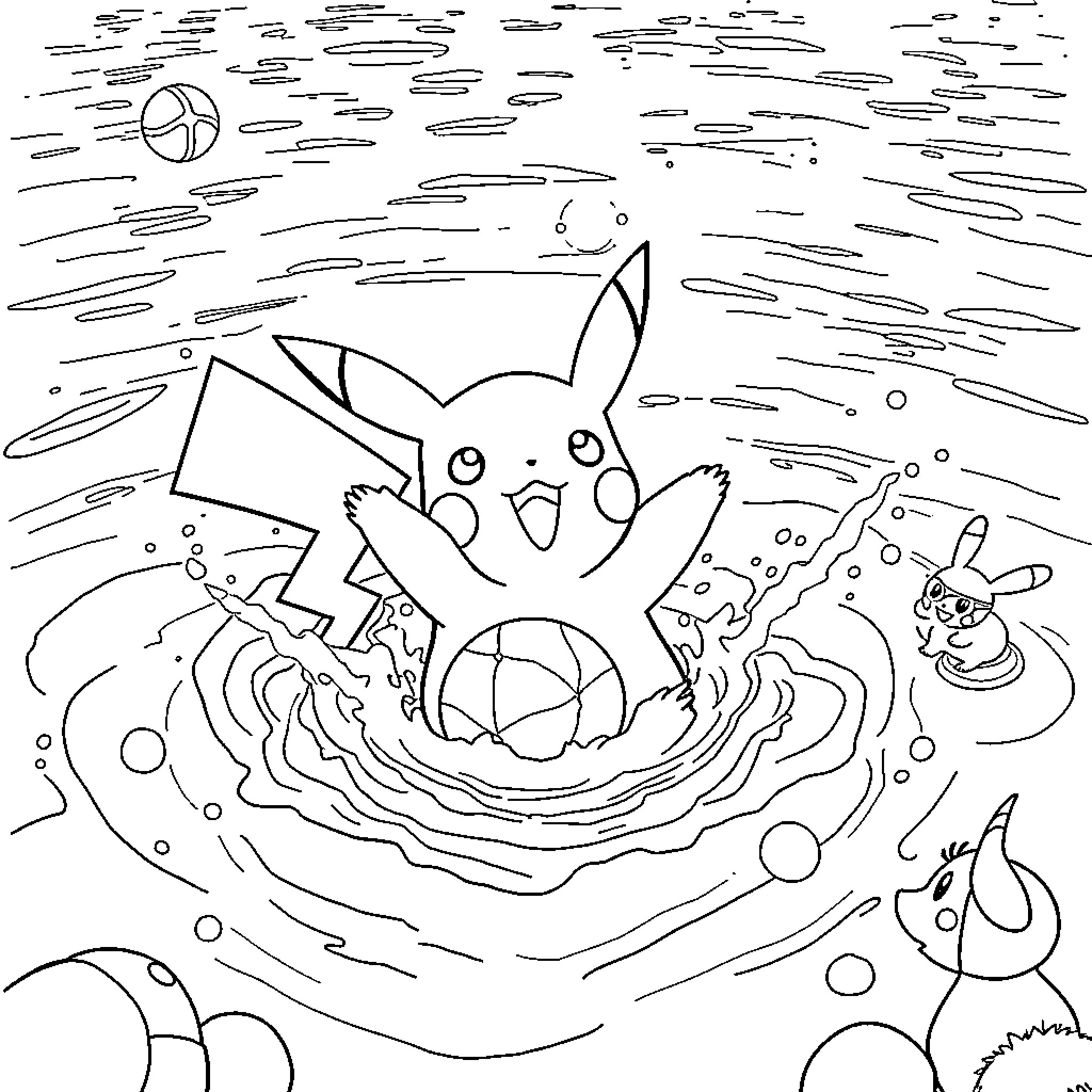Pikachu playing in a whimsical cosmic scene Coloring Page (free black-and-white line drawing printable PDF for all, from beginners to advanced learners, including children, teens, adults, and seniors)
