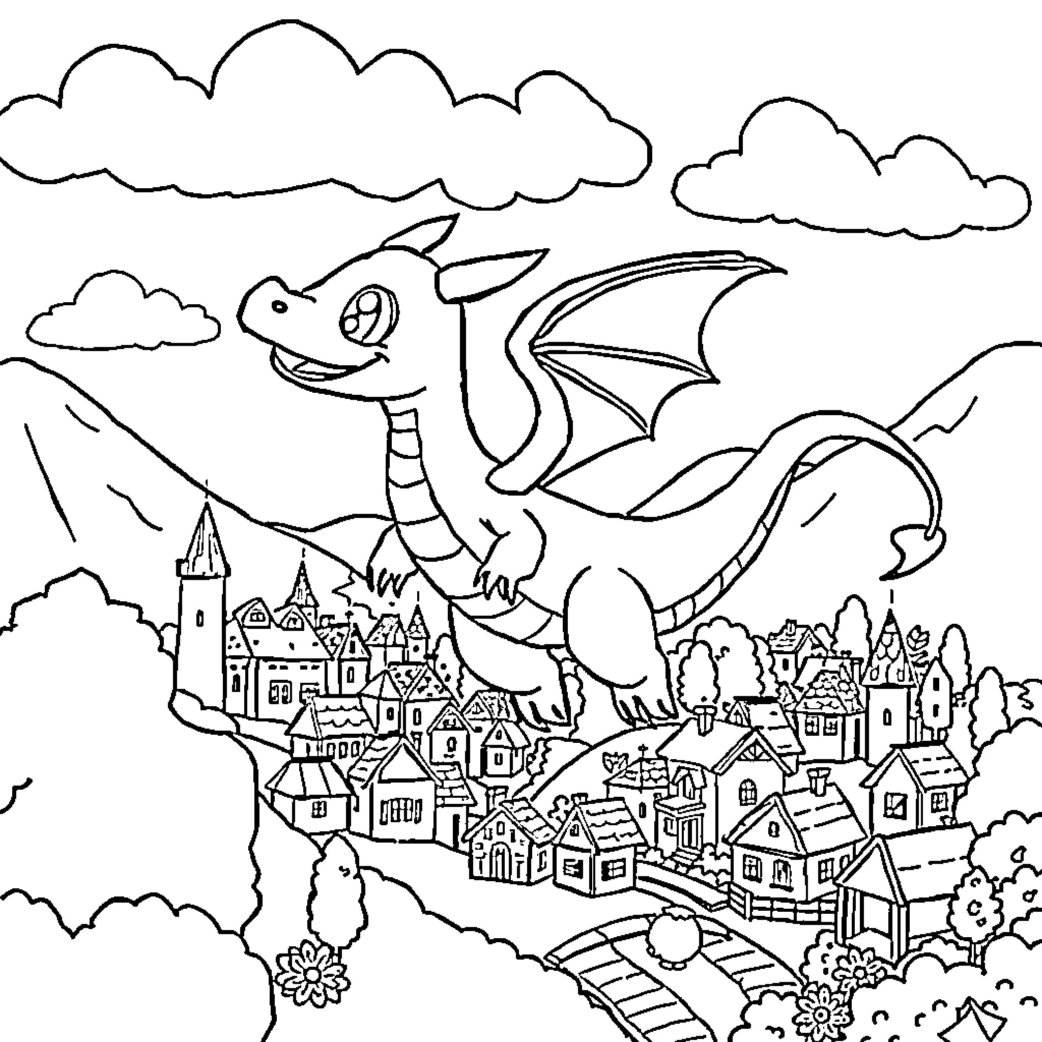 Spiry Dragon Soaring Above Fantasy Town Coloring Page (free black-and-white line drawing printable PDF for all, from beginners to advanced learners, including children, teens, adults, and seniors)