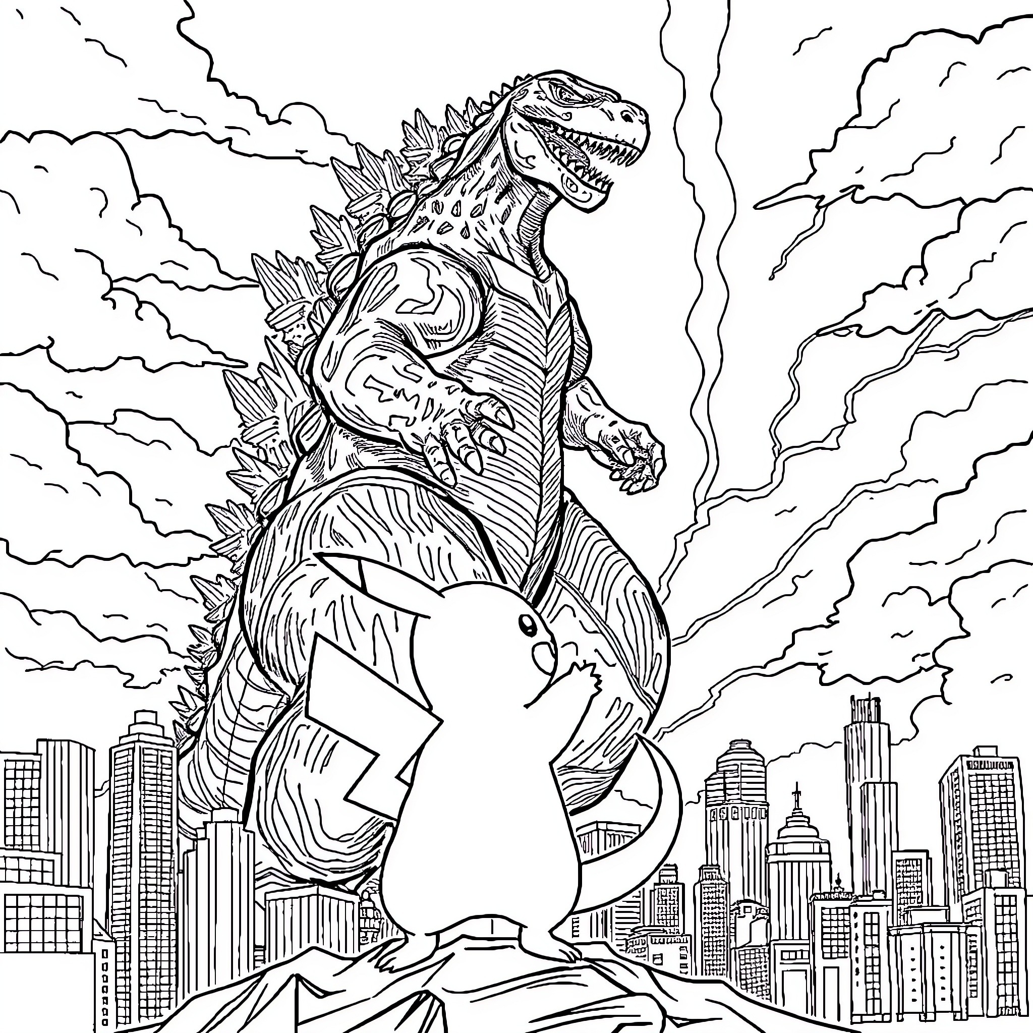Godzilla's Rampage Through the City Coloring Page (free black-and-white line drawing printable PDF for all, from beginners to advanced learners, including children, teens, adults, and seniors)