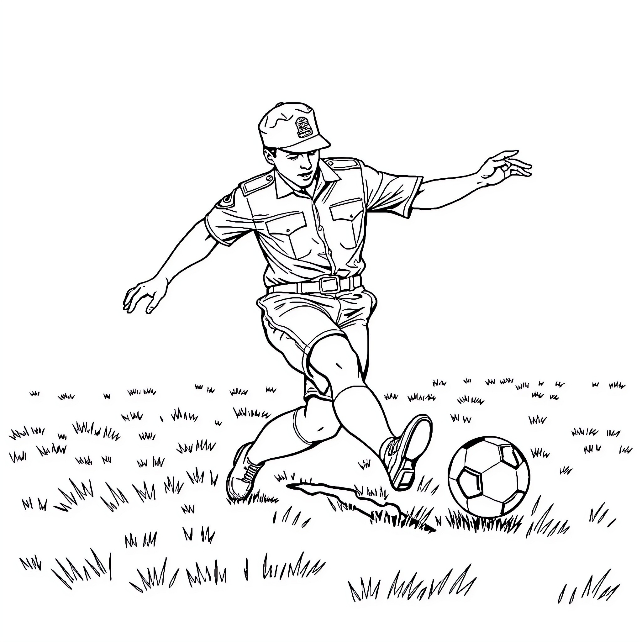 Army Cadet kicking soccer ball on field Coloring Page (free black-and-white line drawing printable PDF for all, from beginners to advanced learners, including children, teens, adults, and seniors)