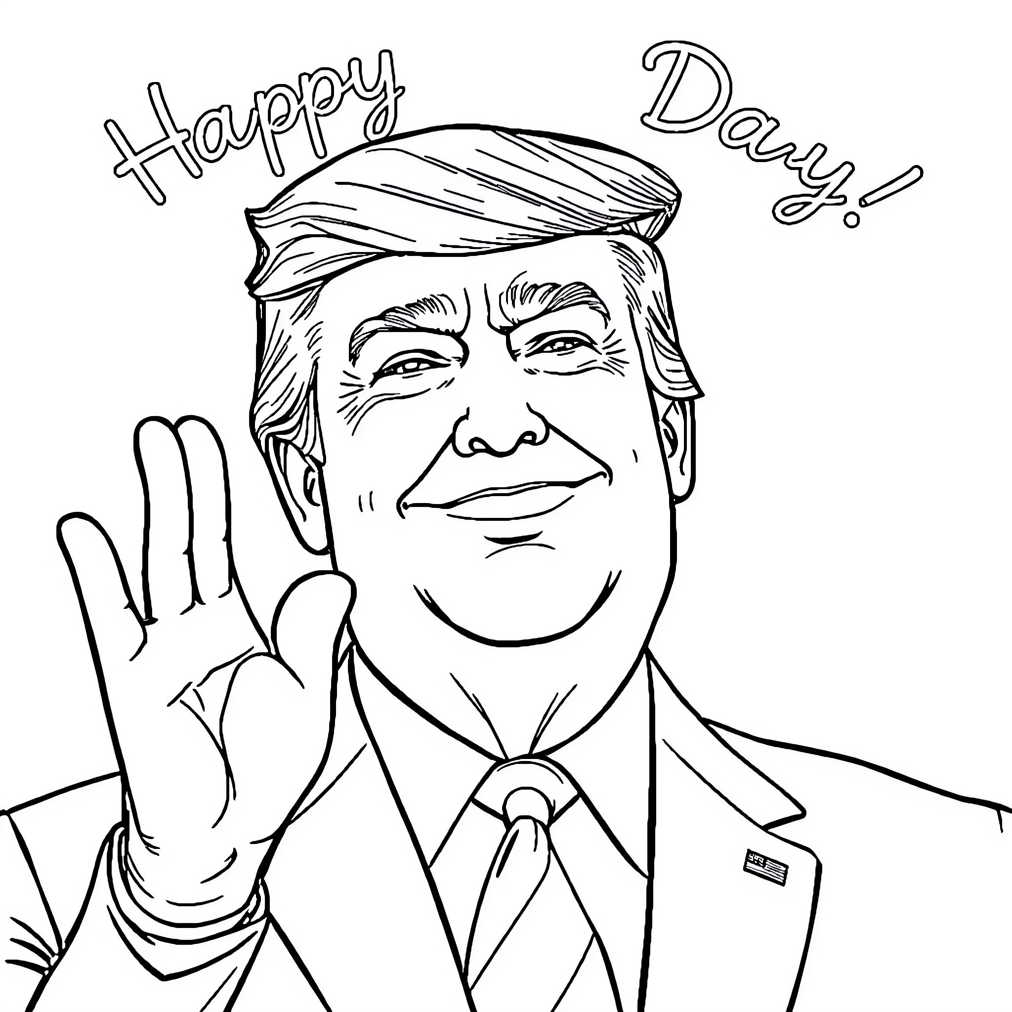 Trump waving and saying 'Happy Day!' Coloring Page (free black-and-white line drawing printable PDF for all, from beginners to advanced learners, including children, teens, adults, and seniors)