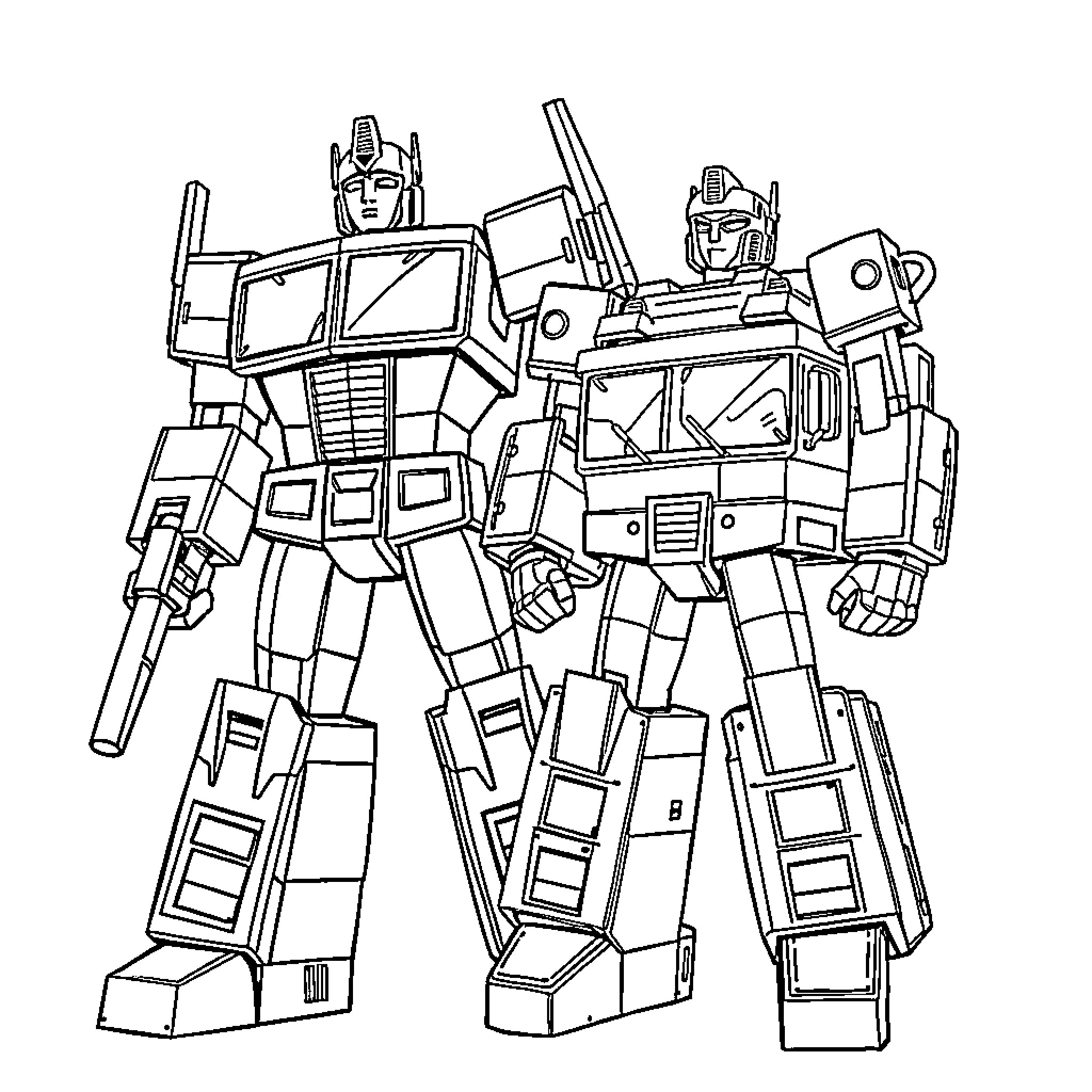 Optimus Prime Transformers in Action Poses Coloring Page (free black-and-white line drawing printable PDF for all, from beginners to advanced learners, including children, teens, adults, and seniors)