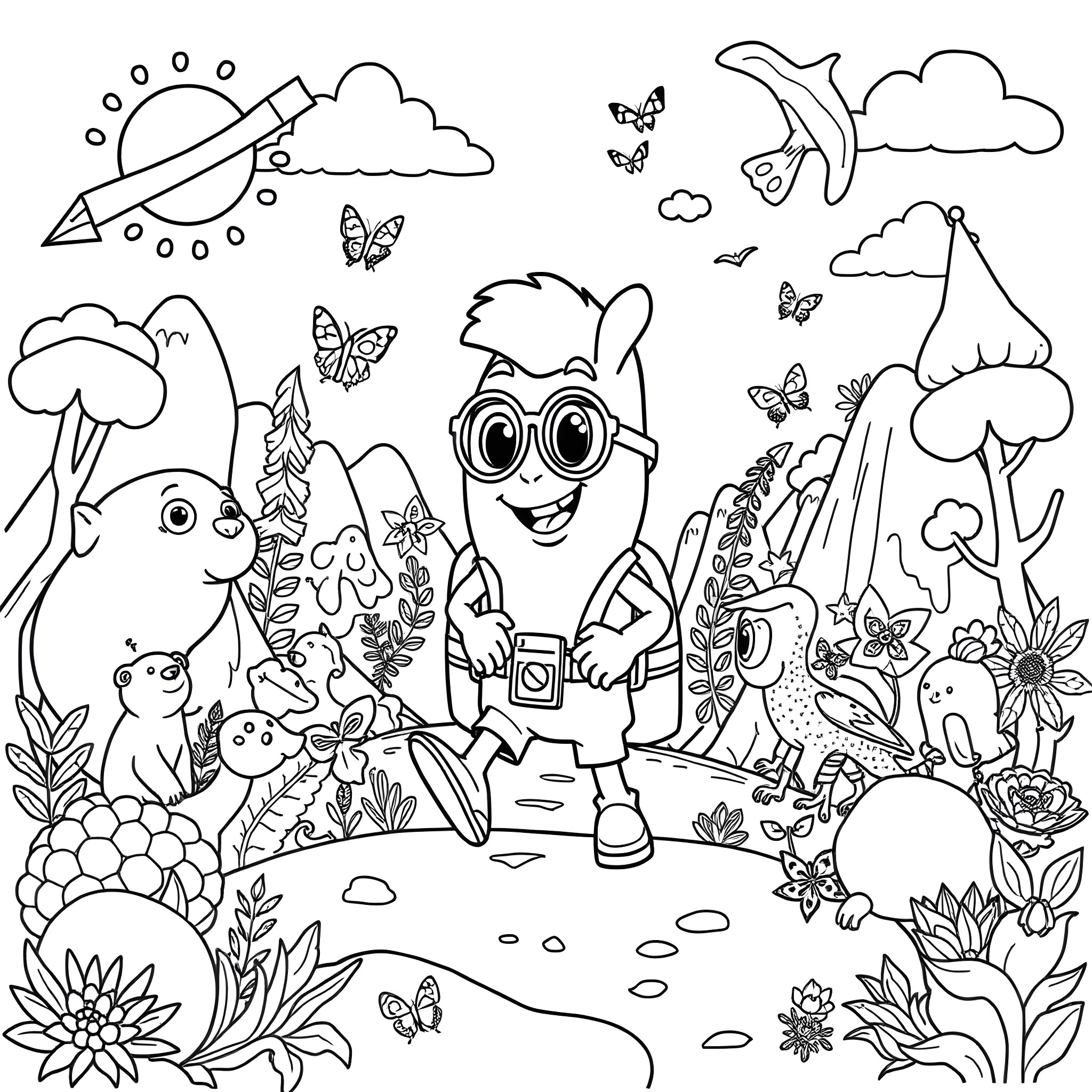 Blippi Exploring the Enchanting Outdoors Coloring Page (free black-and-white line drawing printable PDF for all, from beginners to advanced learners, including children, teens, adults, and seniors)