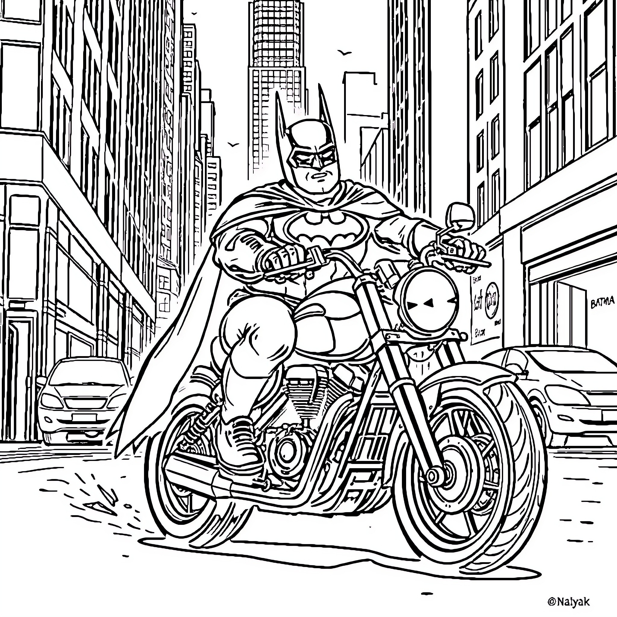 Fatbatman riding a motorcycle through the city Coloring Page (free black-and-white line drawing printable PDF for all, from beginners to advanced learners, including children, teens, adults, and seniors)