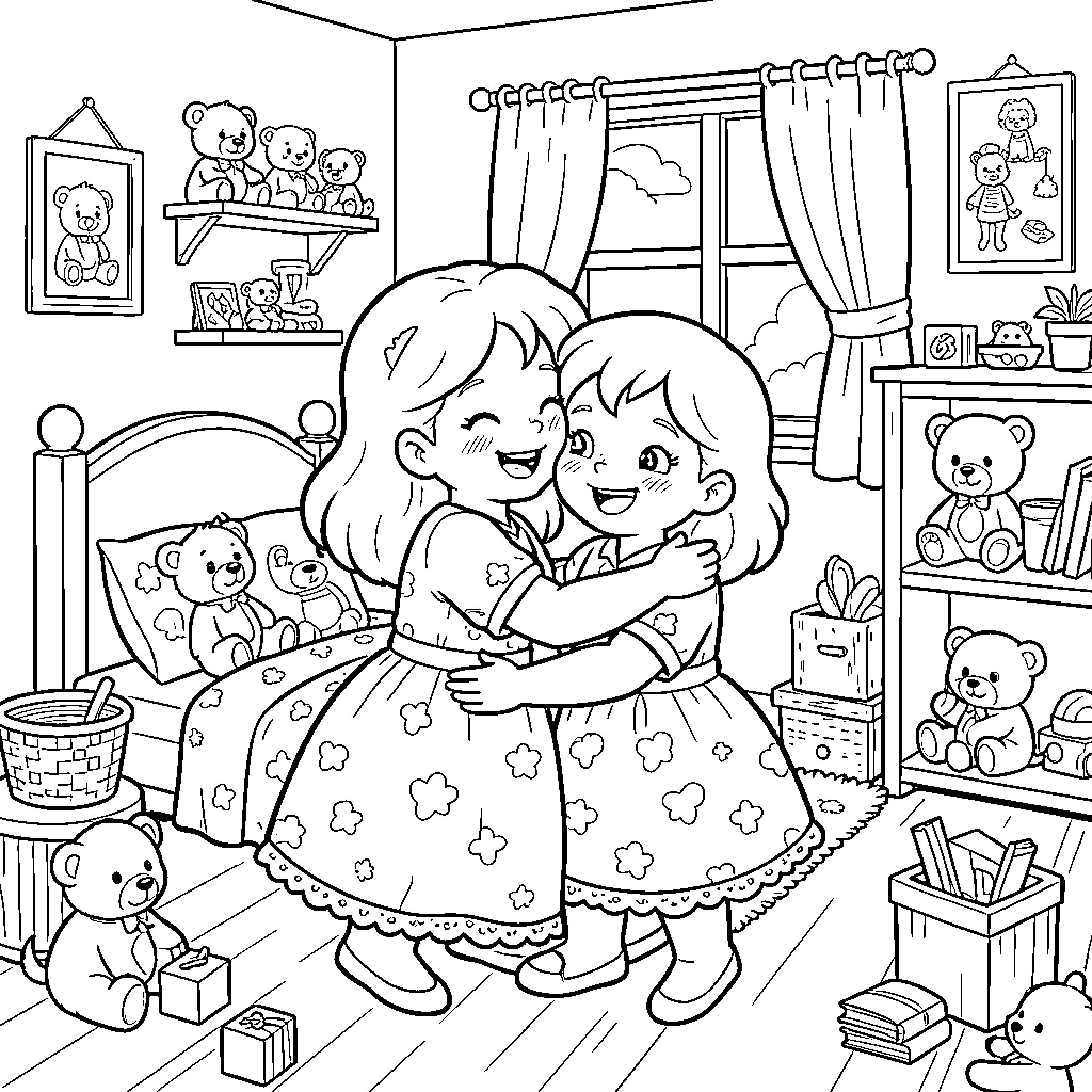 Dora hugging her friend happily in a bedroom Coloring Page (free black-and-white line drawing printable PDF for all, from beginners to advanced learners, including children, teens, adults, and seniors)