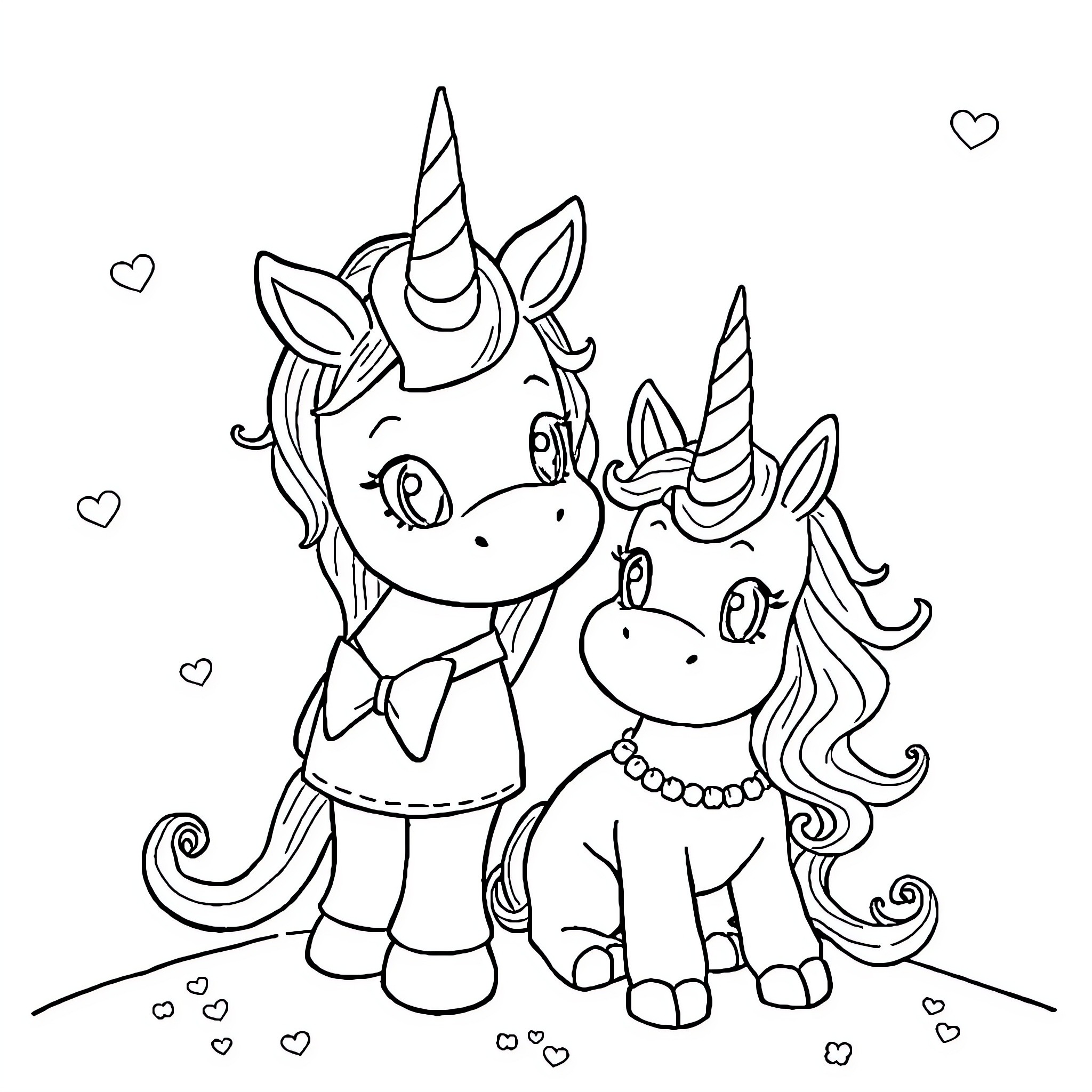 Unicorn siblings playing together happily Coloring Page (free black-and-white line drawing printable PDF for all, from beginners to advanced learners, including children, teens, adults, and seniors)