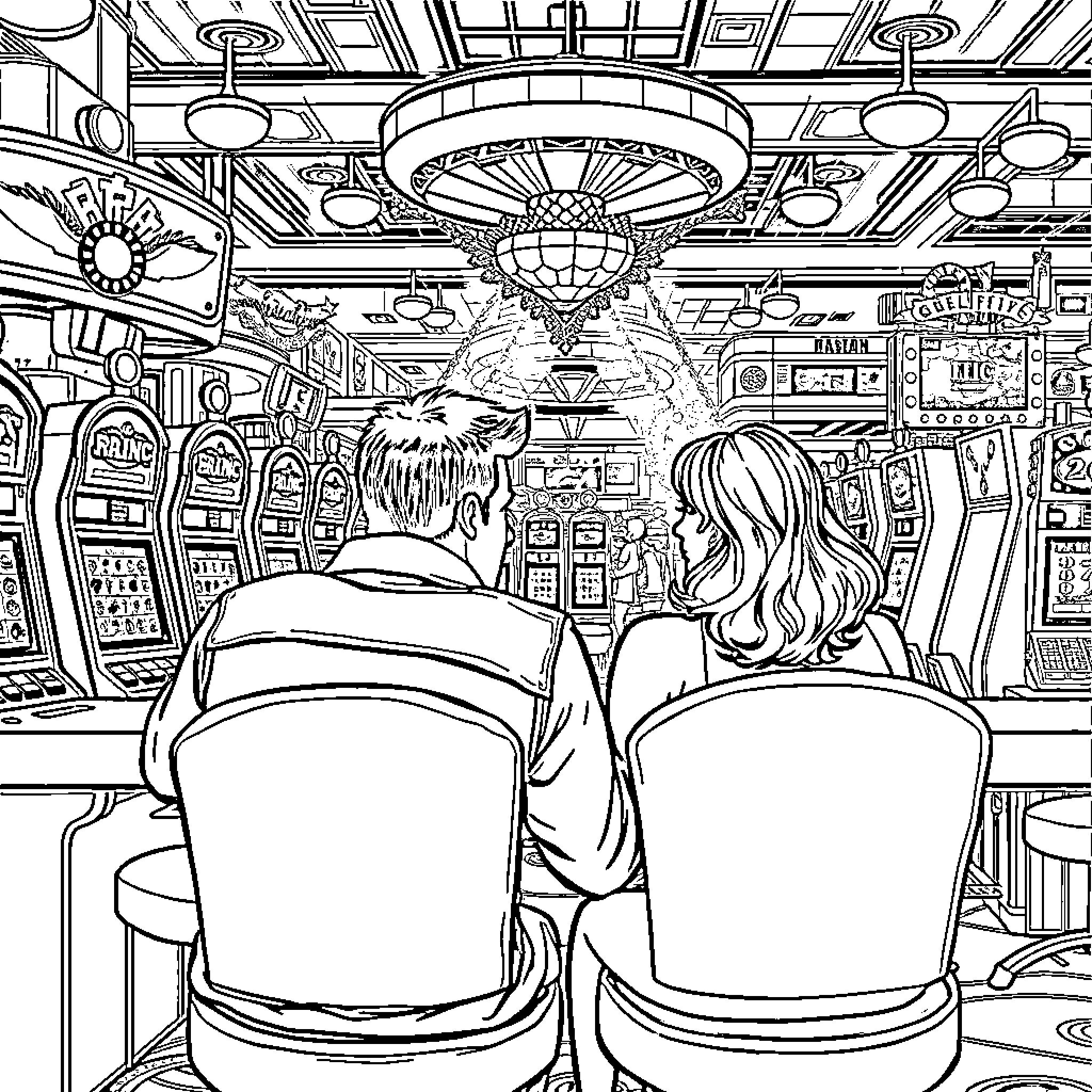 Man and Woman at Arcade Playing Games Coloring Page (free black-and-white line drawing printable PDF for all, from beginners to advanced learners, including children, teens, adults, and seniors)