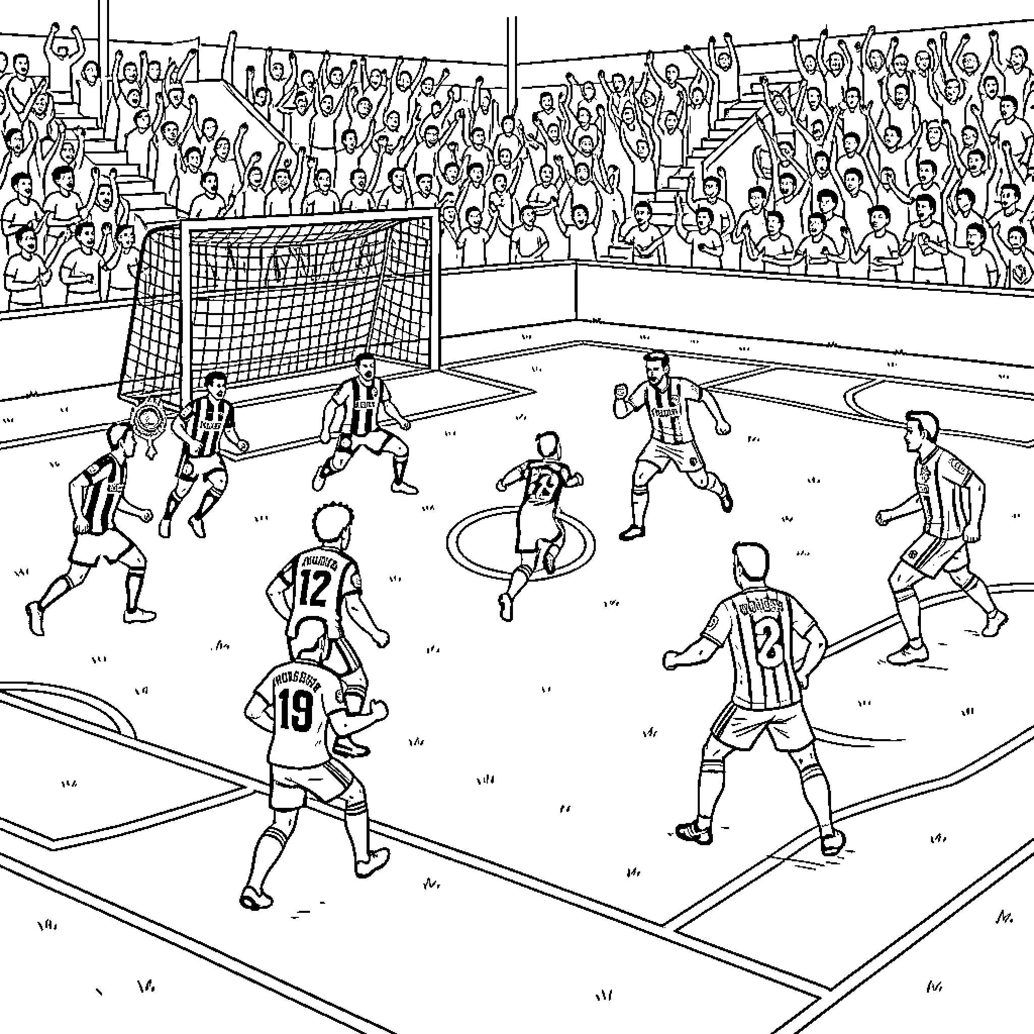 Soccer match with players and cheering crowd Coloring Page (free black-and-white line drawing printable PDF for all, from beginners to advanced learners, including children, teens, adults, and seniors)