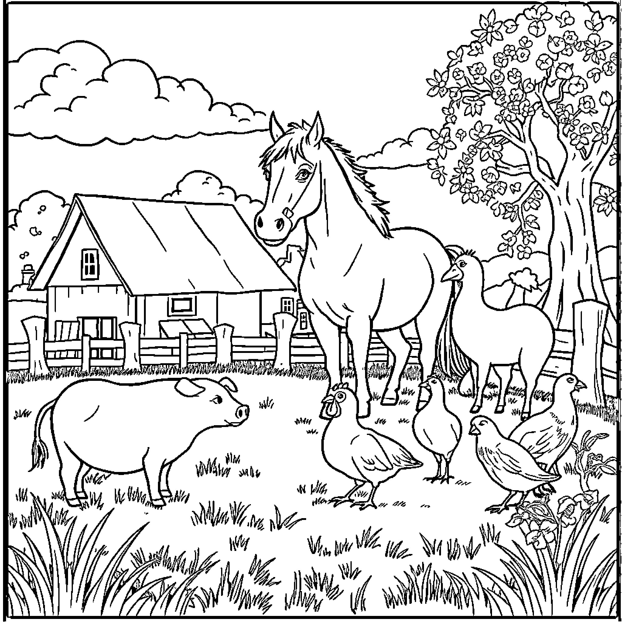 Farm Animal Scene with Horses, Pigs, and Chickens Coloring Page (free black-and-white line drawing printable PDF for all, from beginners to advanced learners, including children, teens, adults, and seniors)