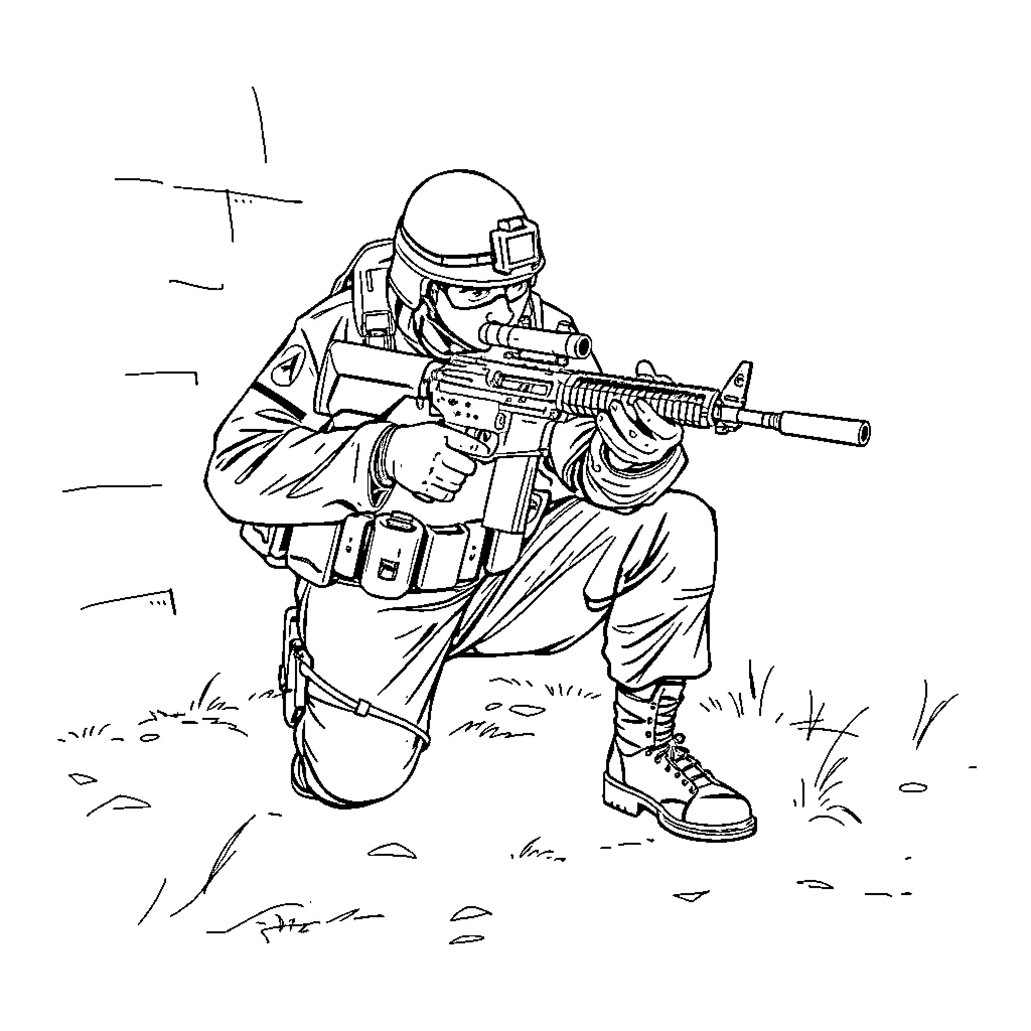 Soldier in combat gear wielding assault rifle Coloring Page (free black-and-white line drawing printable PDF for all, from beginners to advanced learners, including children, teens, adults, and seniors)