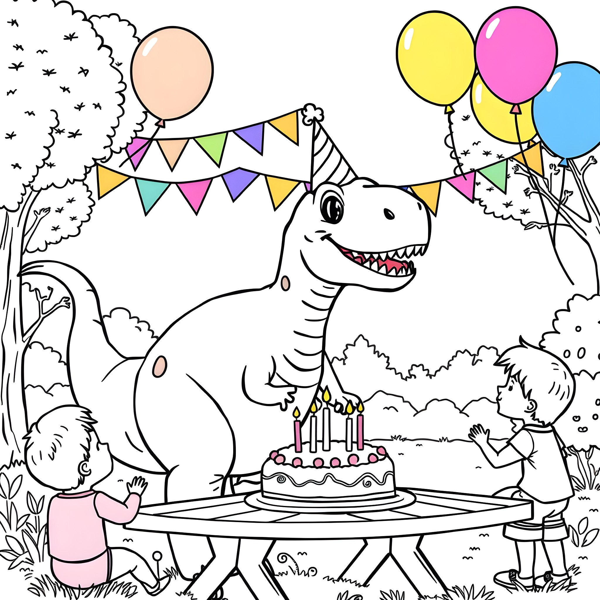 Dinosaur celebrating birthday party with kids and balloons Coloring Page (free black-and-white line drawing printable PDF for all, from beginners to advanced learners, including children, teens, adults, and seniors)