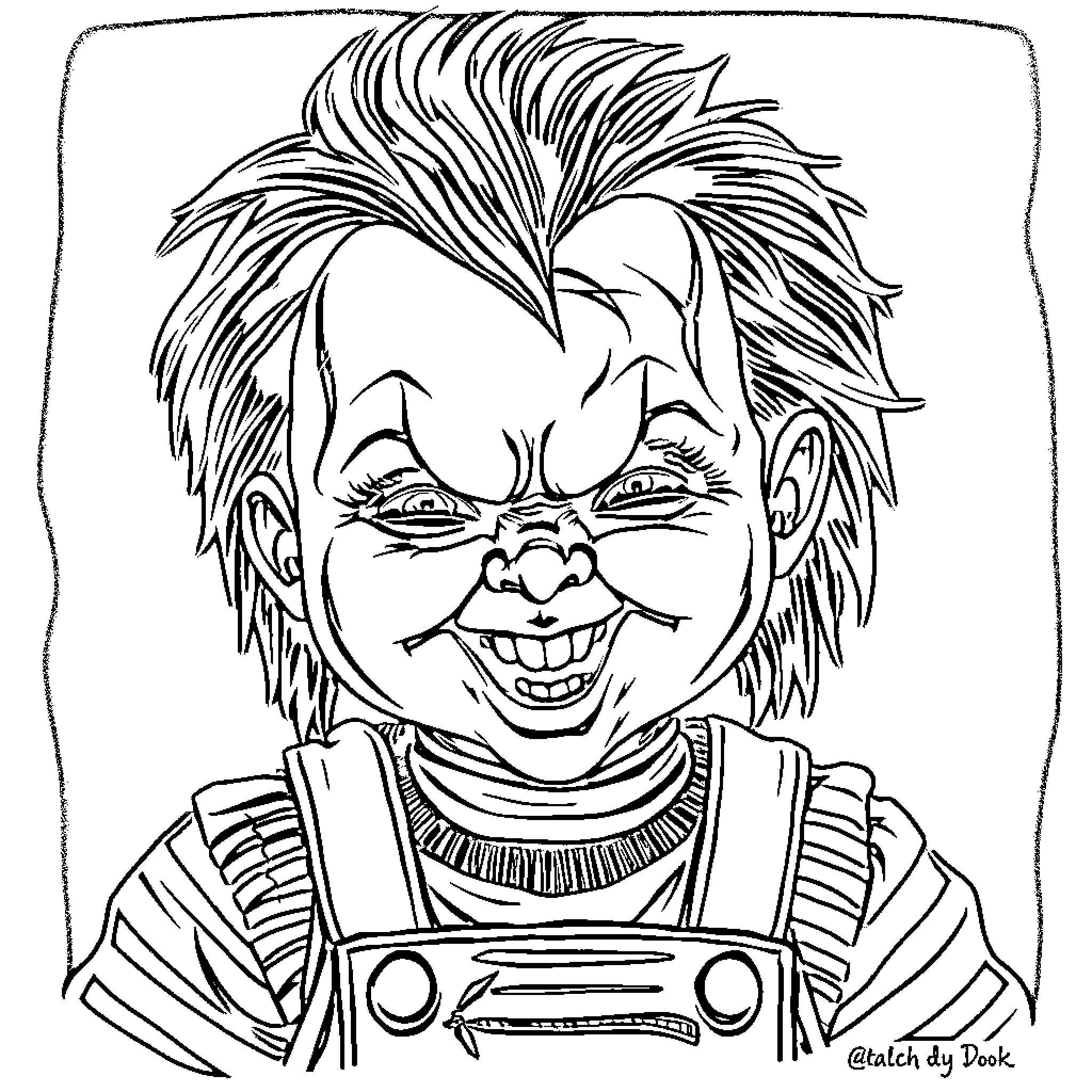 Chucky's Mischievous Grin Coloring Page (free black-and-white line drawing printable PDF for all, from beginners to advanced learners, including children, teens, adults, and seniors)
