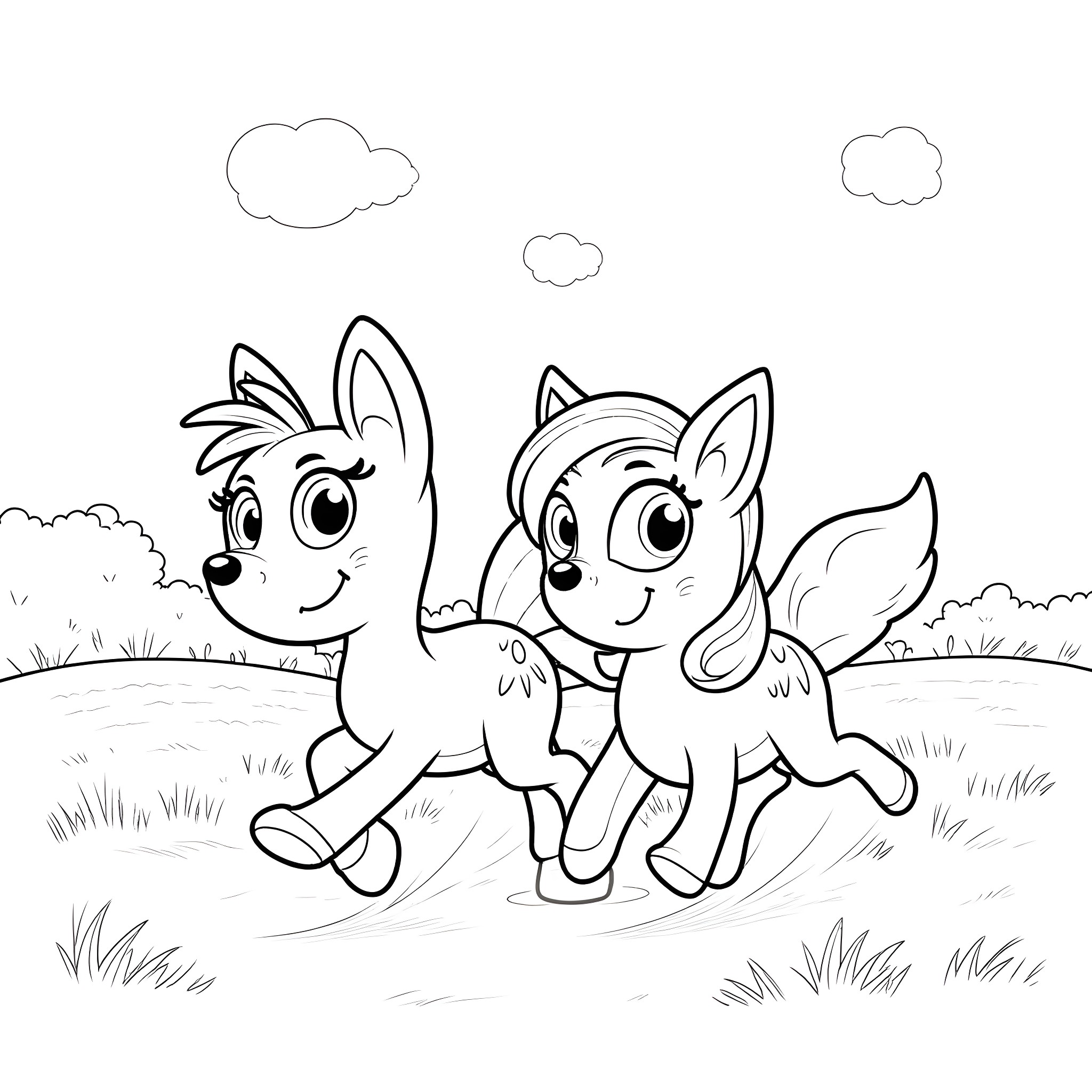 Tails of two playful pups in the park Coloring Page (free black-and-white line drawing printable PDF for all, from beginners to advanced learners, including children, teens, adults, and seniors)