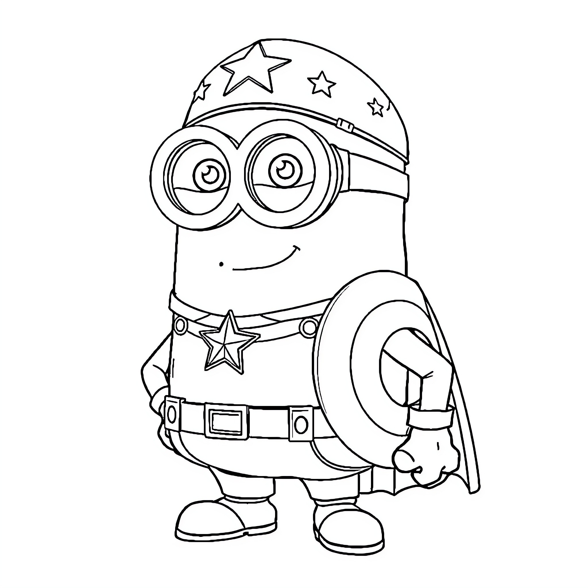 Minion wearing a star-studded cap and holding a shield Coloring Page (free black-and-white line drawing printable PDF for all, from beginners to advanced learners, including children, teens, adults, and seniors)