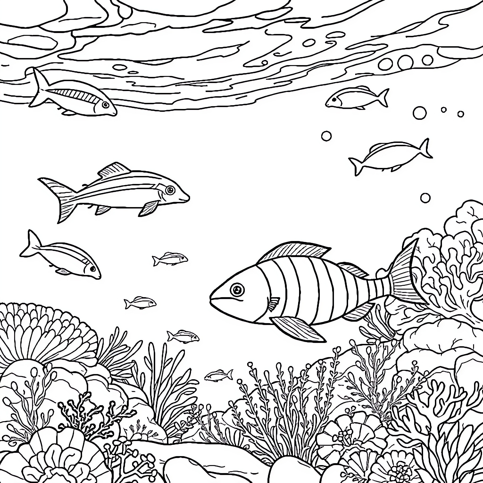 Marine Animal Underwater Scene with Coral and Fish Coloring Page (free black-and-white line drawing printable PDF for all, from beginners to advanced learners, including children, teens, adults, and seniors)