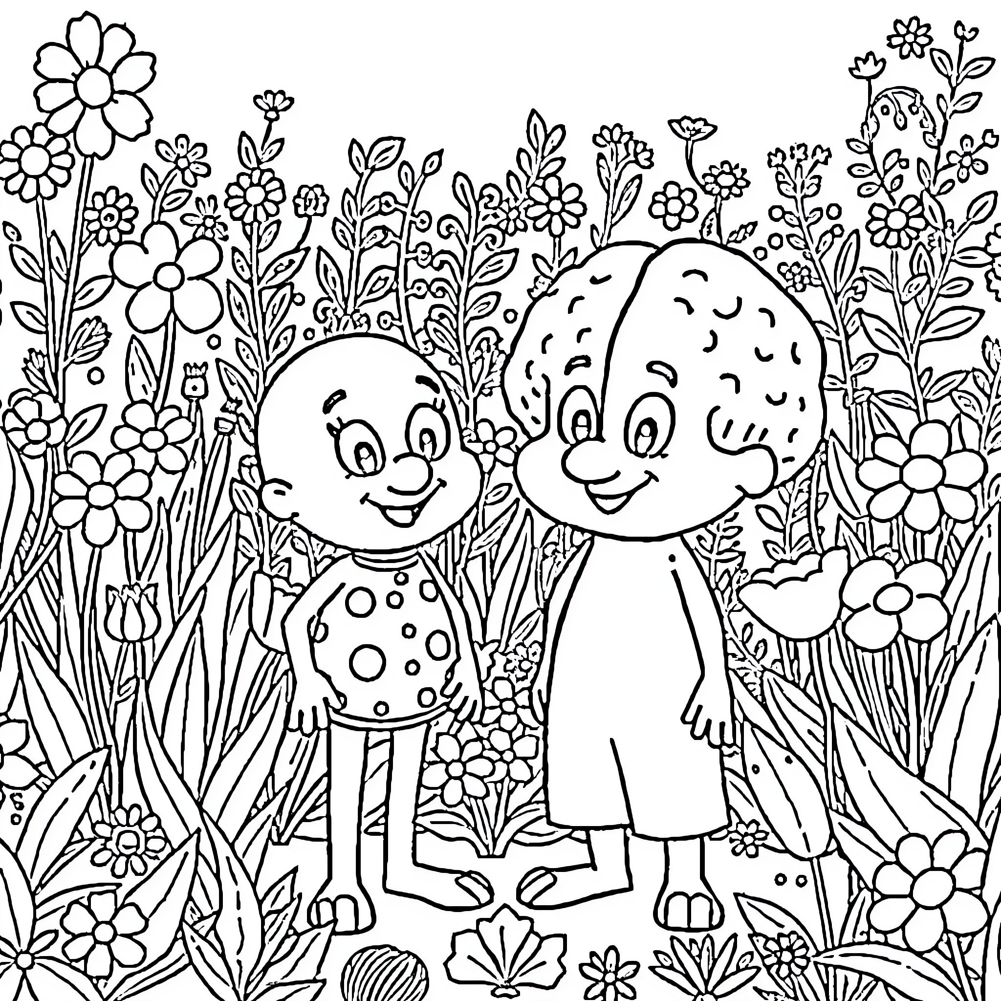 Pinky and the Brain in a Whimsical Floral Meadow Coloring Page (free black-and-white line drawing printable PDF for all, from beginners to advanced learners, including children, teens, adults, and seniors)